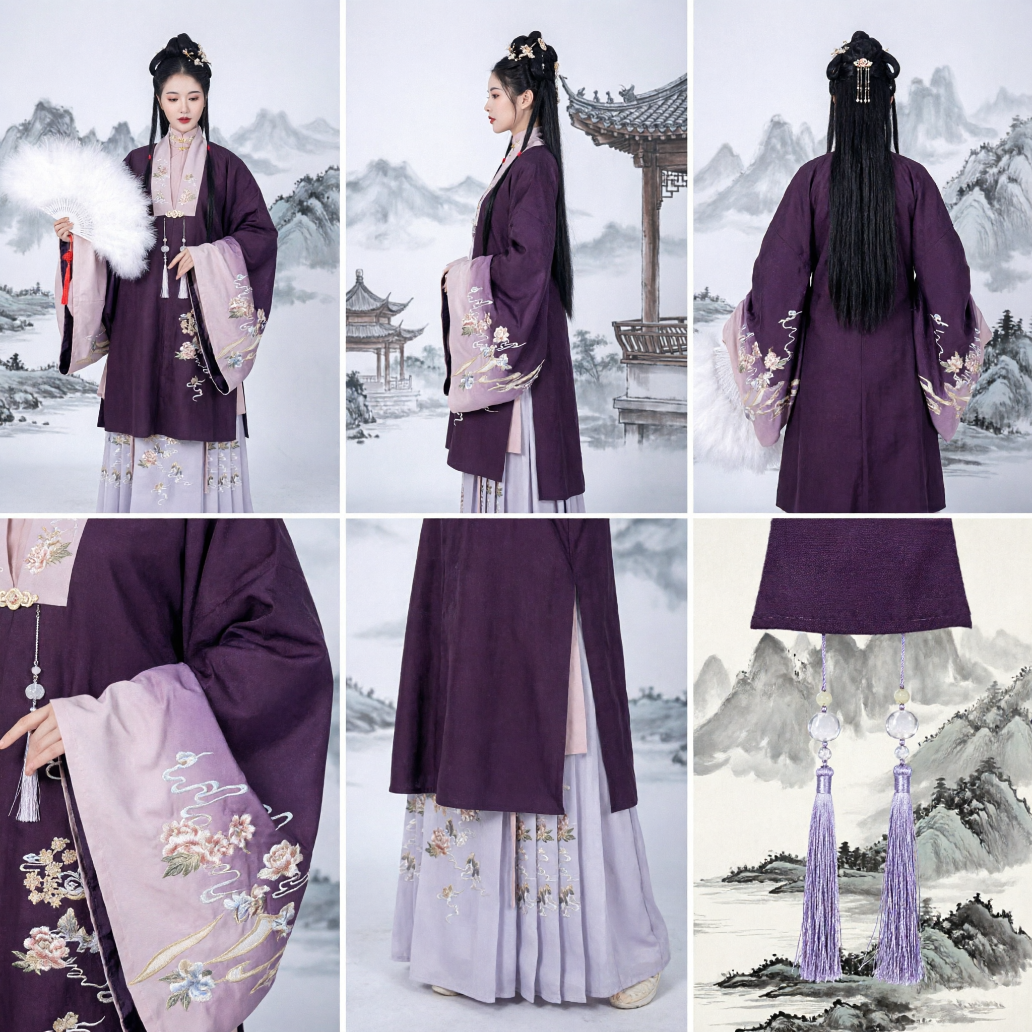 Ensemble Hanfu chinois traditionnel élégant pourpre de la dynastie Ming Aoqun avec broderie florale pour femmes - Asian Costume