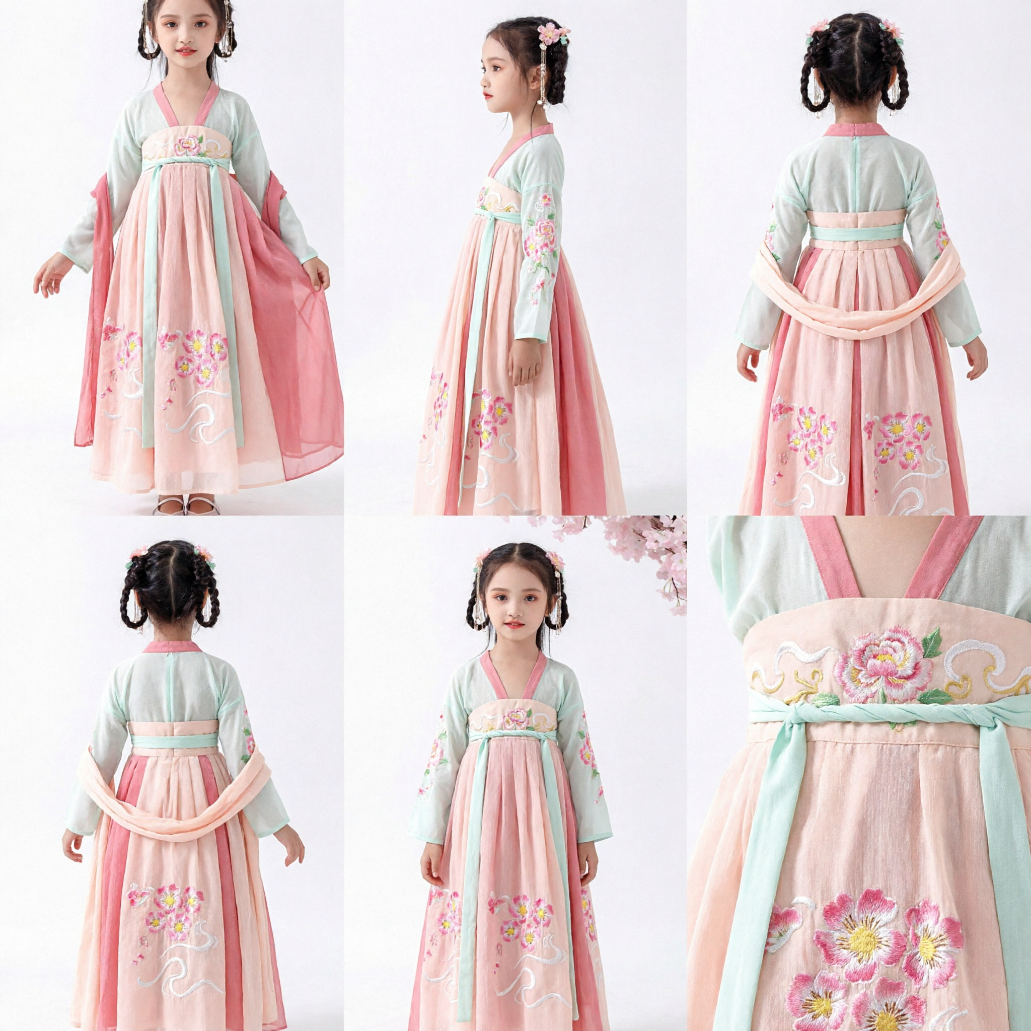 Traje de Princesa Hanfu da Dinastia Tang Tradicional Chinês para Meninas Vestido de Fada Antigo Rosa Bordado para Crianças - Asian Costume