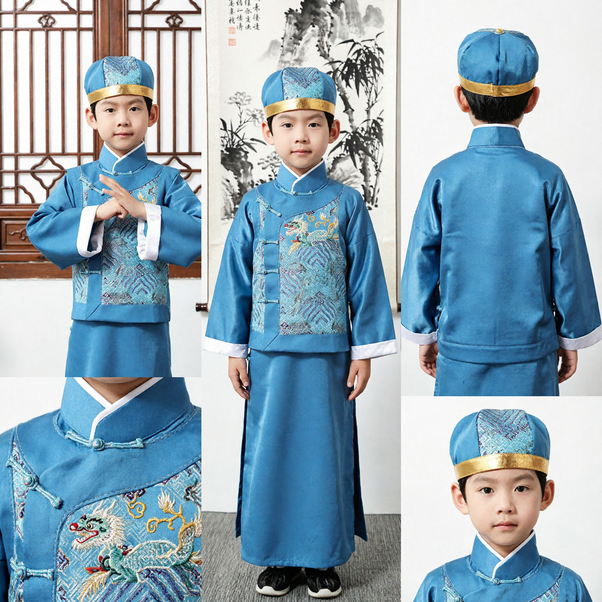 Traje de Estudioso Antigo Tradicional Chinês para Meninos Túnica Hanfu Tang Suit Azul Bordada para Crianças Festivais - Asian Costume