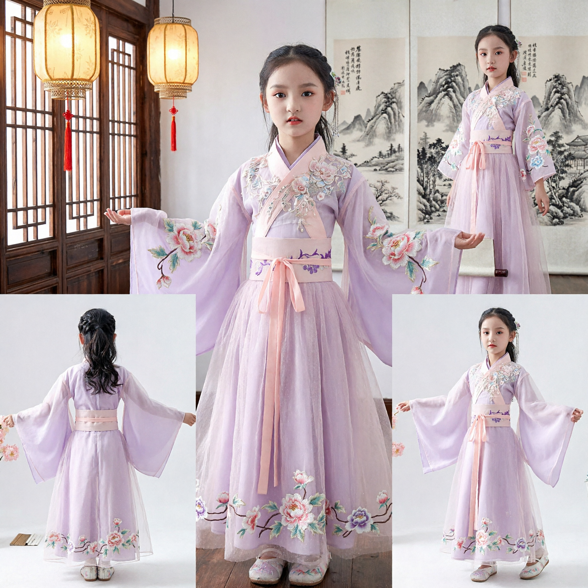 소녀용 전통 중국 한푸 의상 고대 공주 요정 드레스 보라색 자수 어린이 의상 - Asian Costume