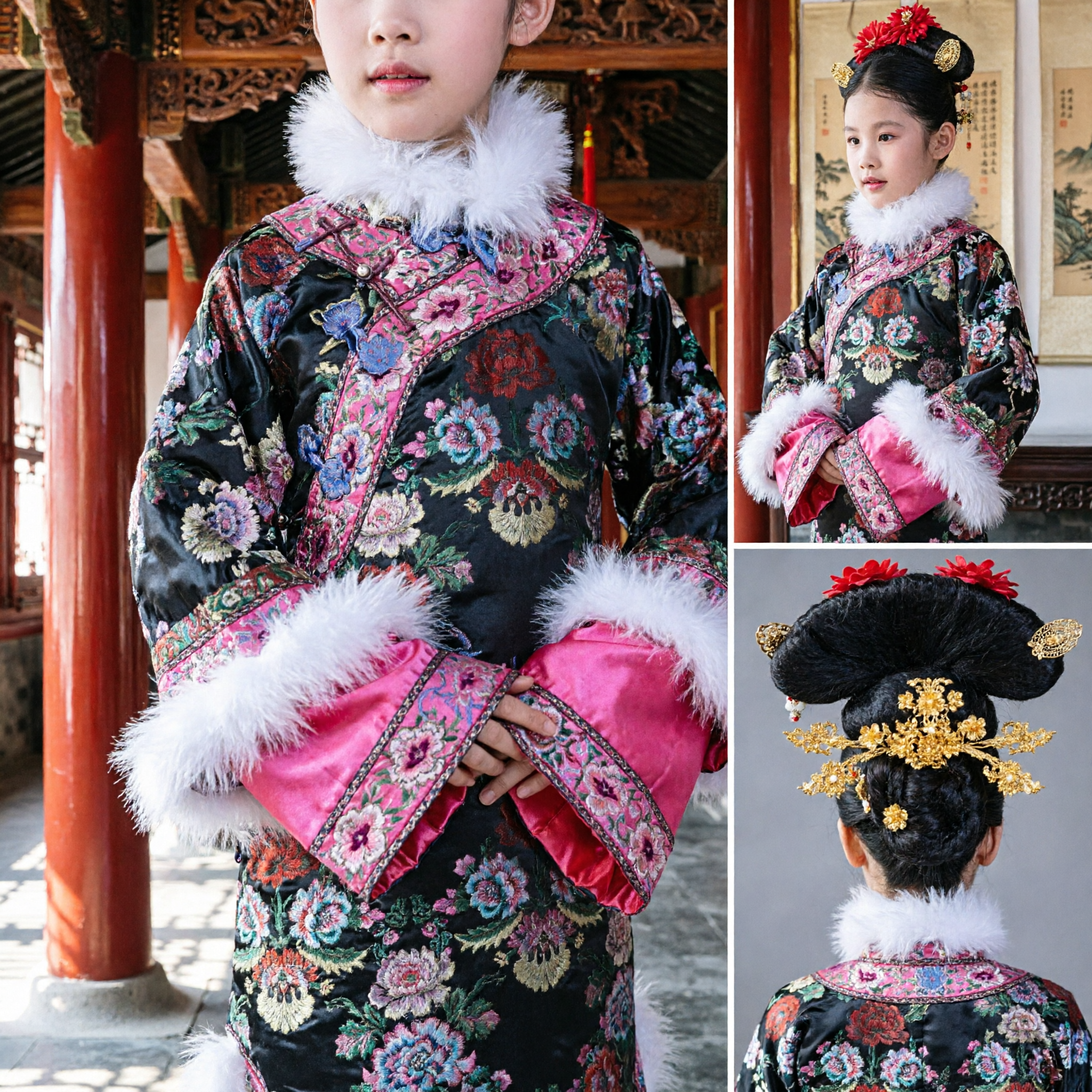 Costume Tradizionale Cinese per Bambina, Abito da Principessa della Dinastia Qing con Ricamo e Collo in Pelliccia per Spettacoli di Capodanno - Asian Costume