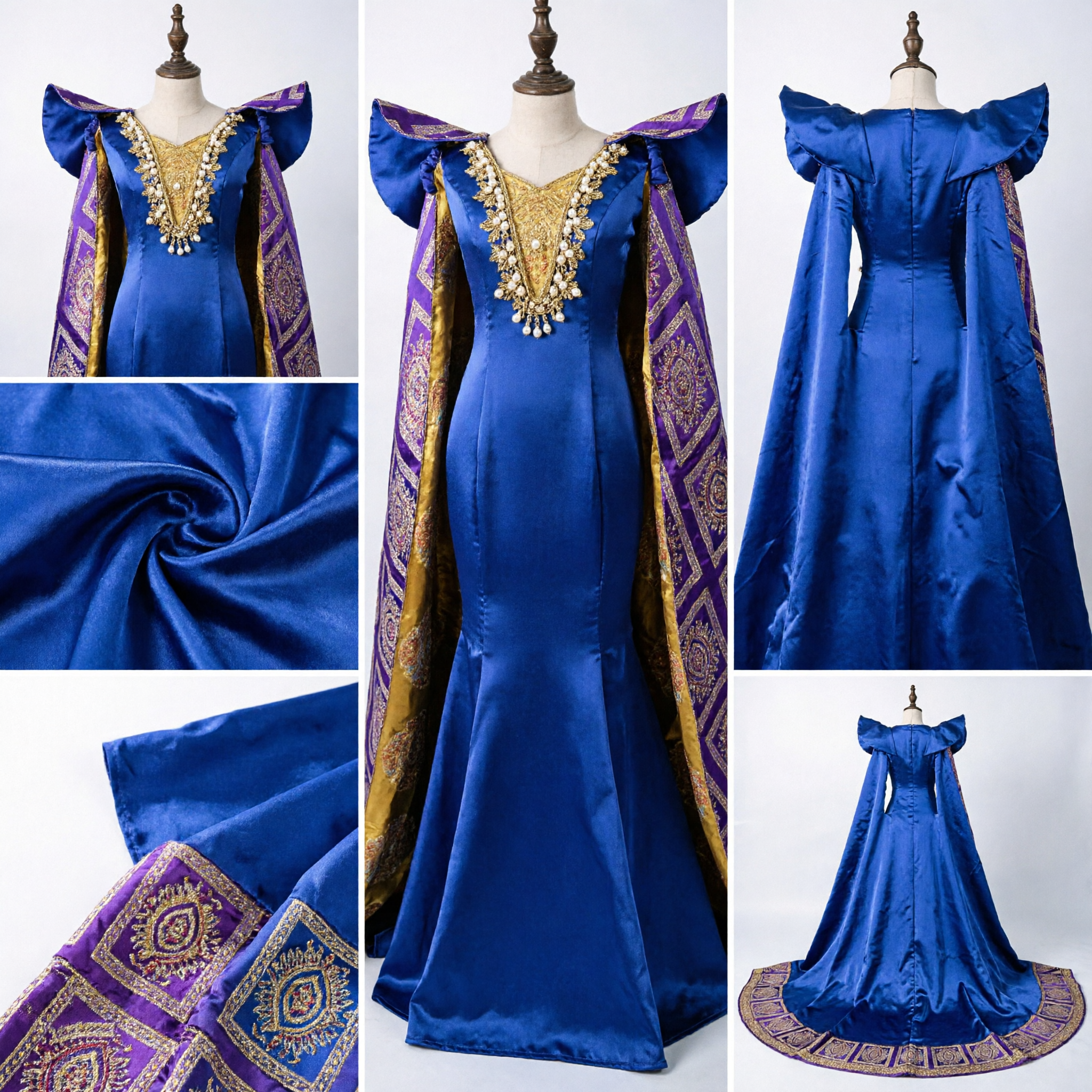 Robe de reine africaine luxueuse bleu royal Caftan avec longue cape à motifs pour mariage et robe de soirée - Asian Costume