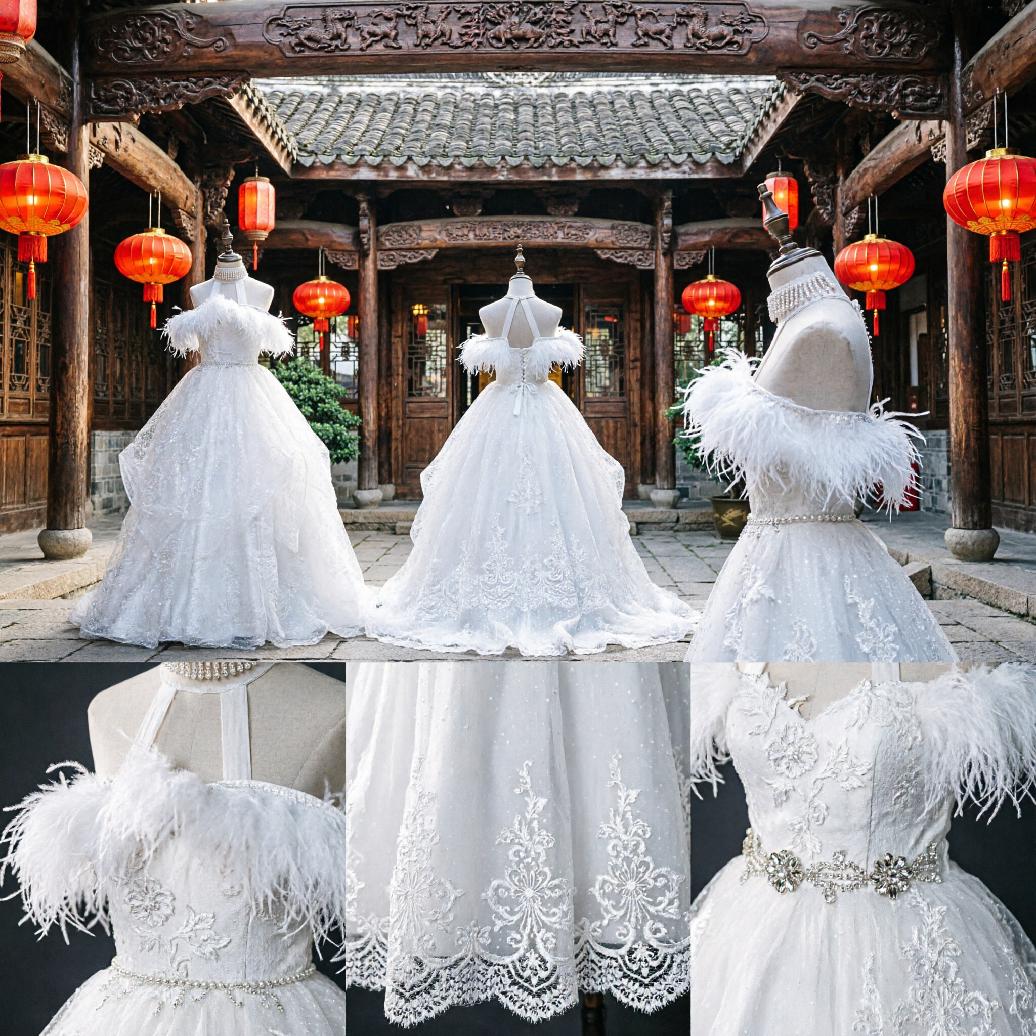 우아한 화이트 오프숄더 페더 웨딩 드레스 보석 달린 홀터넥 레이스 볼가운 웨딩드레스 - Asian Costume