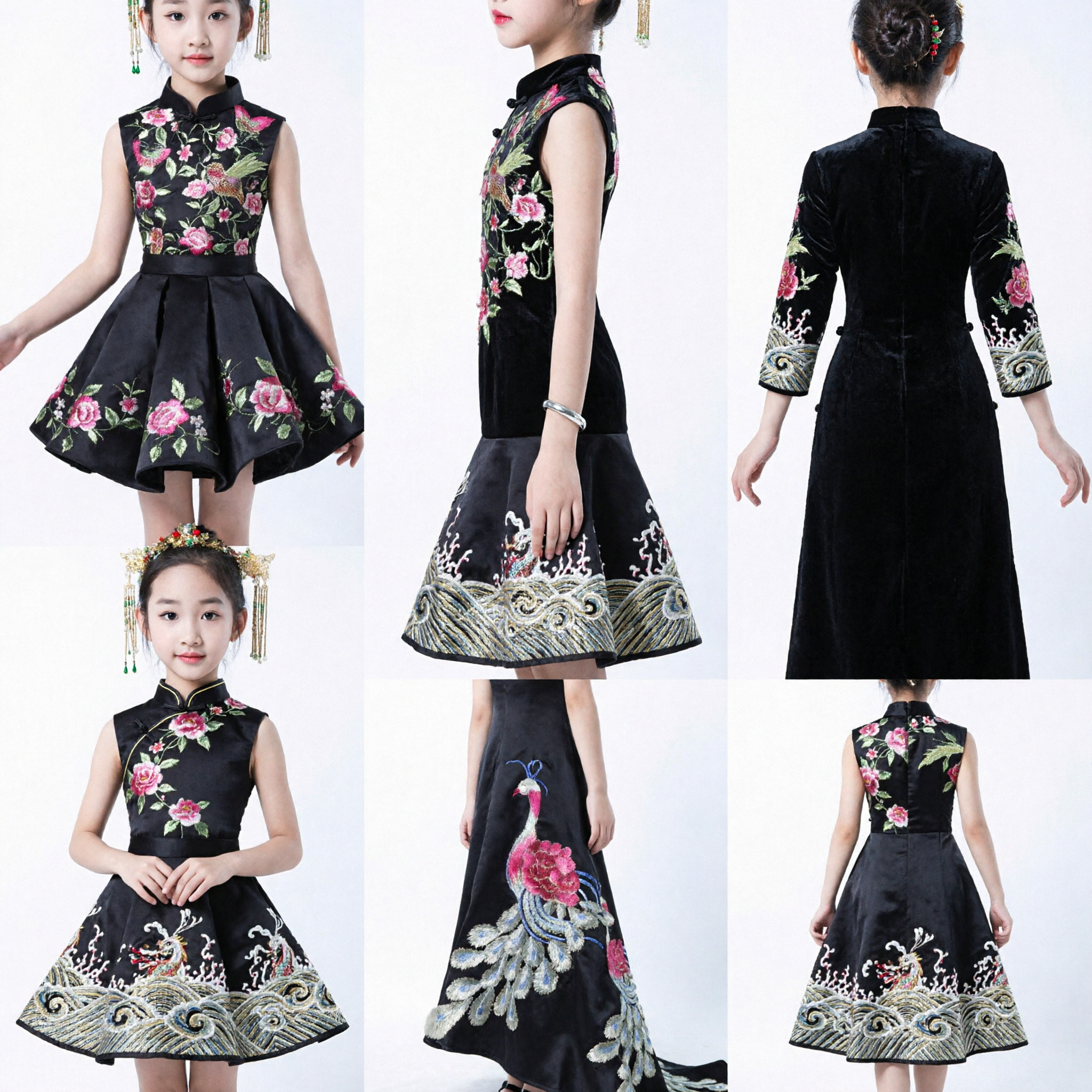 Elegant Kids Traditional Chinese Black Peacock Embroidered Dress High Low Skirt for Stage Performance Wedding - Asian Costume