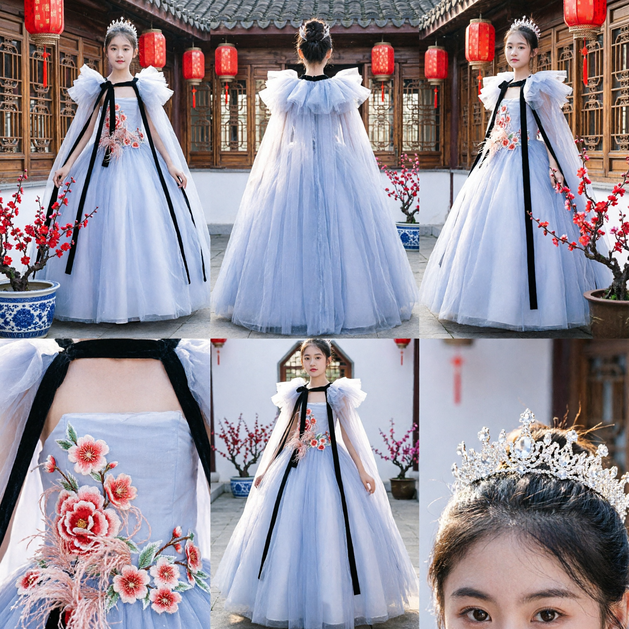 Elegante Kinderen Meisjes Prinsessen Baljurk met Tulle Cape en Bloemenborduurwerk voor Bruiloftsfeest Concours - Asian Costume