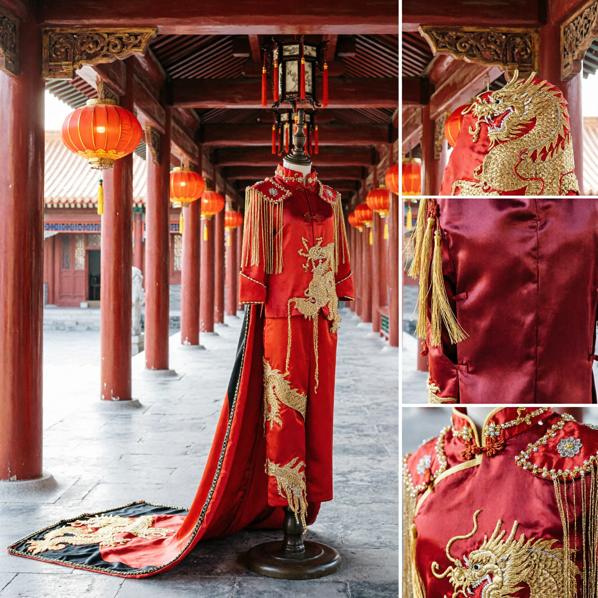 伝統的中国婚礼新郎スーツ（赤い龍刺繍唐装、ケープ付き、男性式典用） - Asian Costume