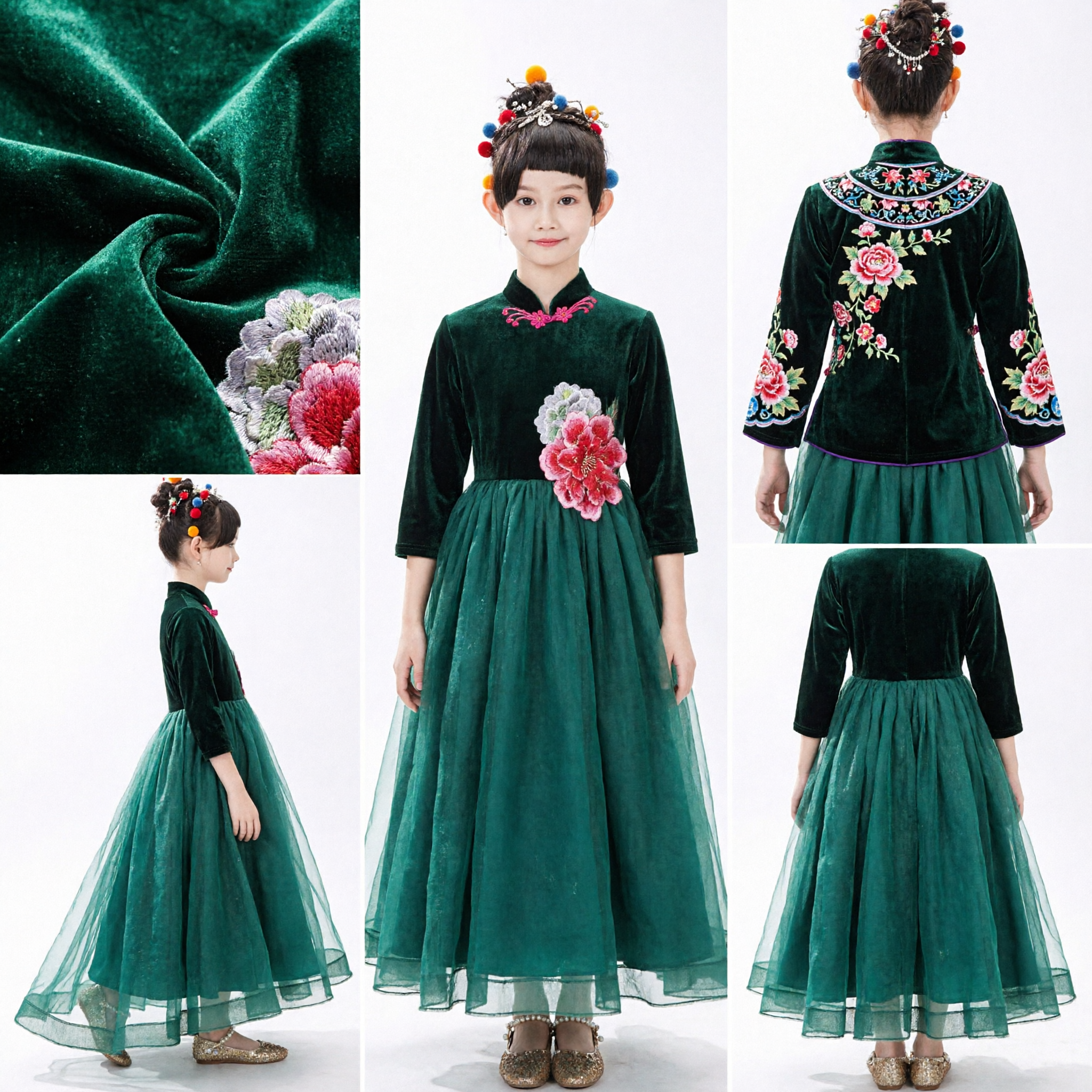 Cheongsam Tradizionale Cinese in Velluto Verde per Ragazze con Gonna in Tulle per Damigella e Spettacoli - Asian Costume