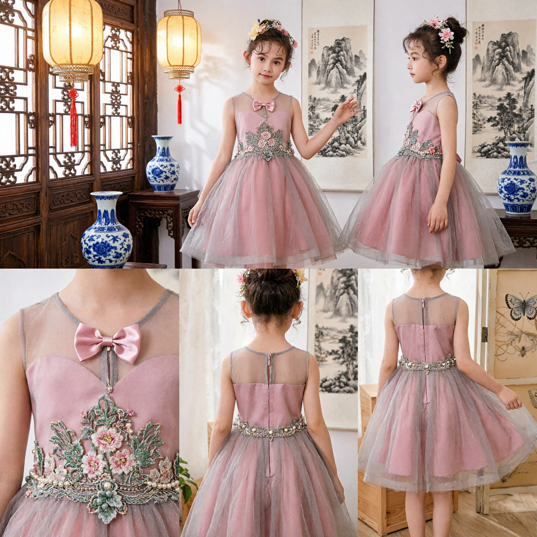Abito Principessa in Tulle Rosa per Ragazze con Ricamo Floreale e Fiocco per Matrimoni, Feste e Occasioni Formali - Asian Costume