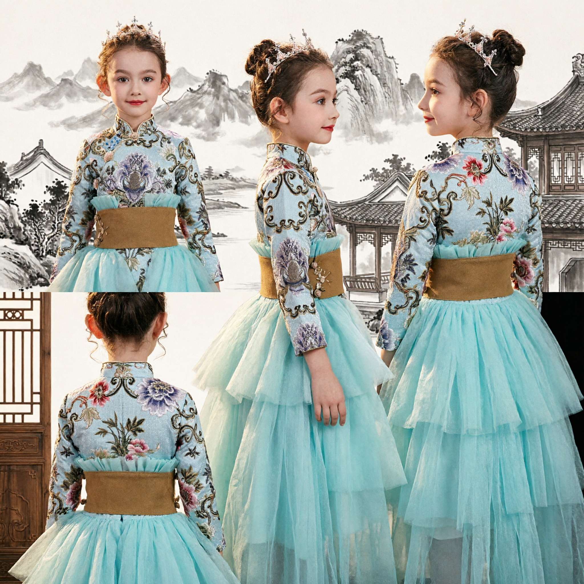 Cheongsam Tradizionale Cinese per Bambine, Top Blu Ricamato con Gonna a Strati in Tulle, Costume per Spettacoli - Asian Costume