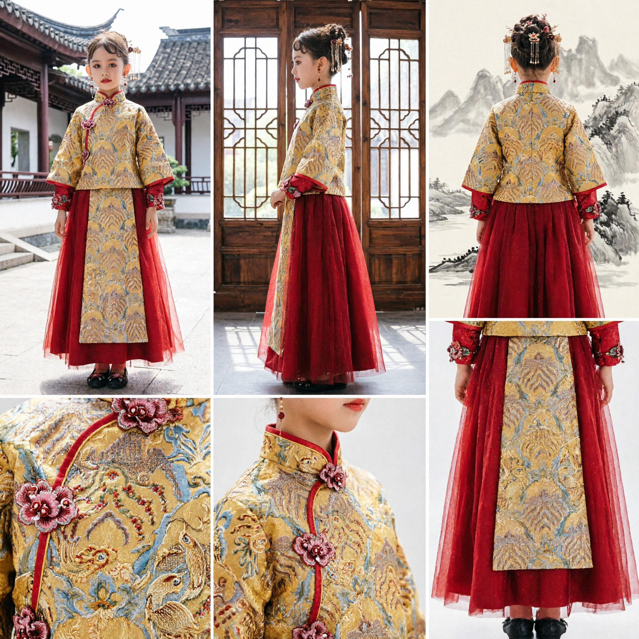 Robe Hanfu traditionnelle chinoise pour enfants, ensemble pour filles avec haut Tangzhuang brodé or et jupe rouge pour mariage - Asian Costume