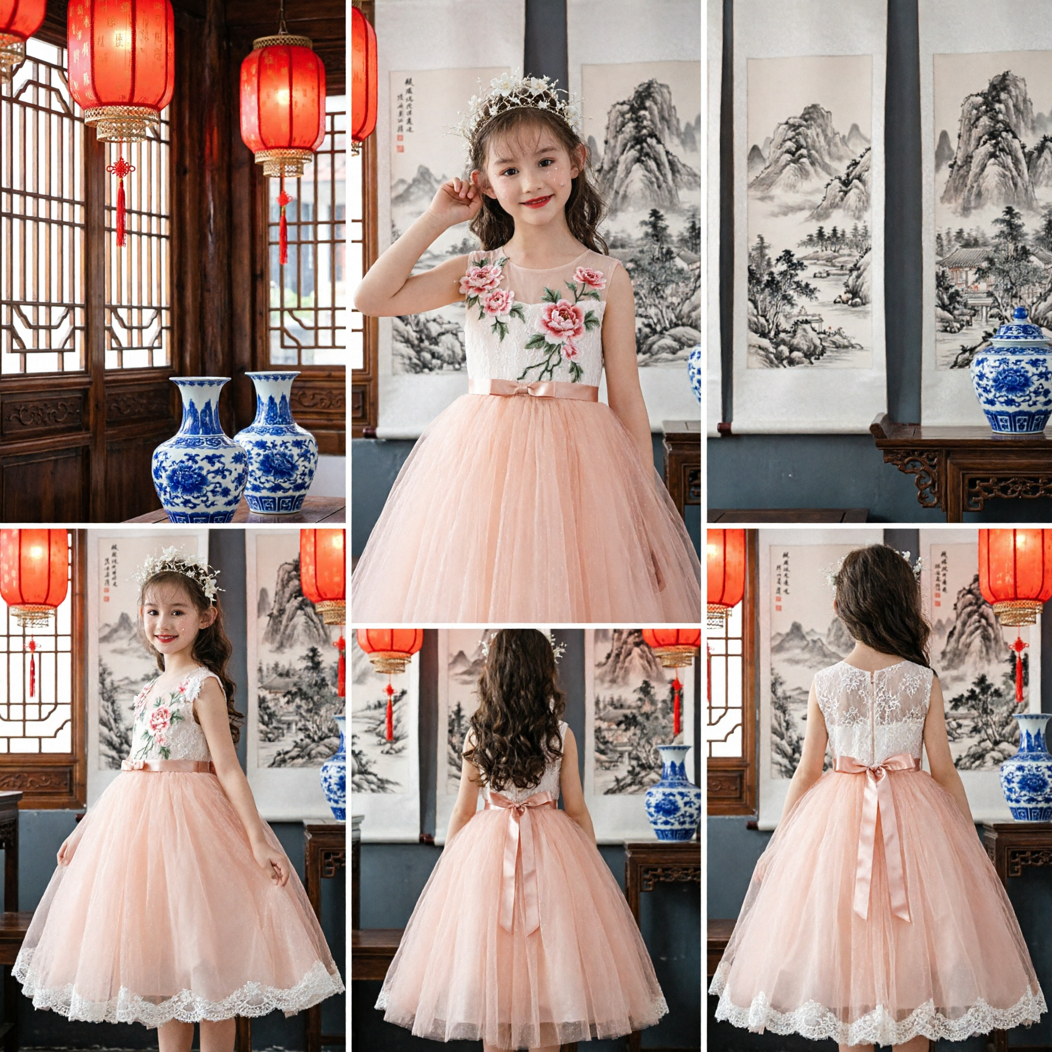 Elegante Champagne Kant Bloemenmeisjesjurk Prinsessen Baljurk voor Kinderen Bruiloftsfeest Concours - Asian Costume