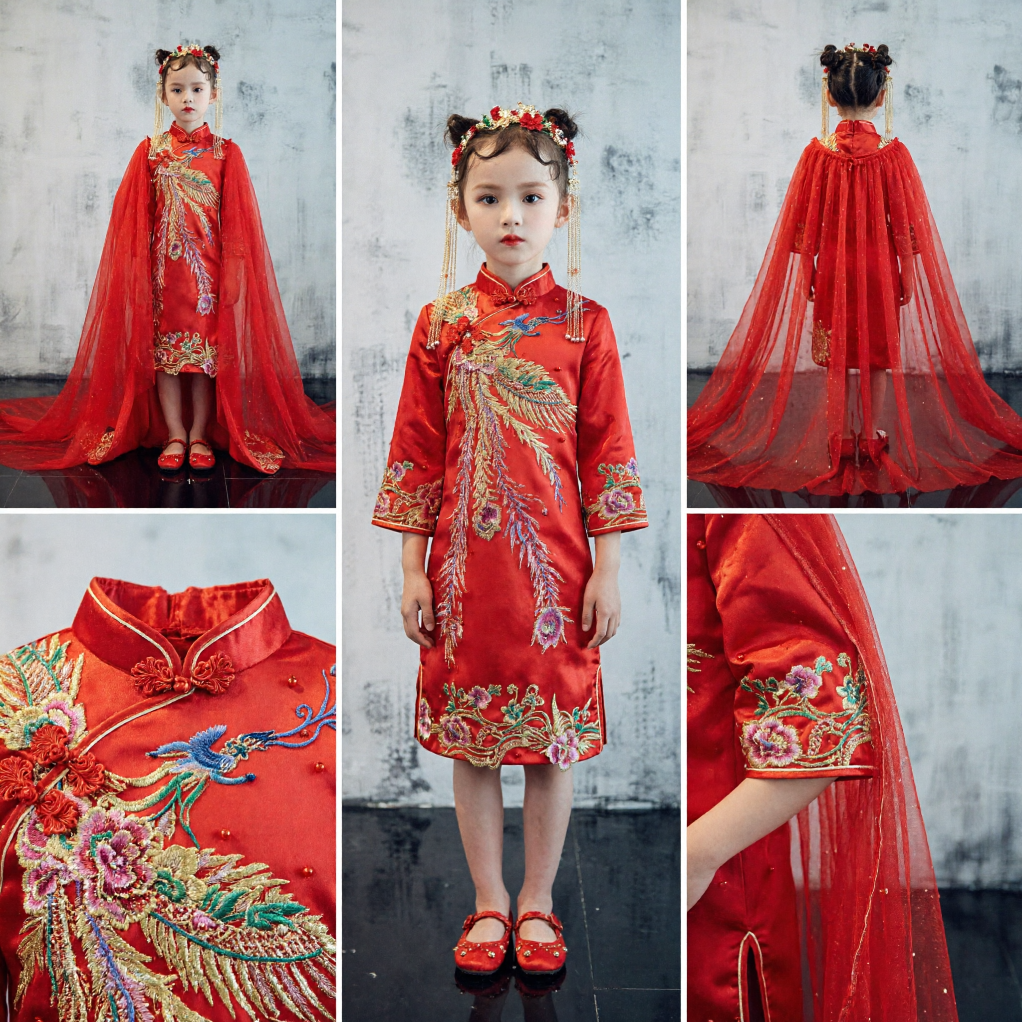 Traditionelles chinesisches roter Phönix-Umhang-Kleid für Mädchen, Kinder, antikes Hanfu-Kostüm, Hochzeitsauftritt - Asian Costume