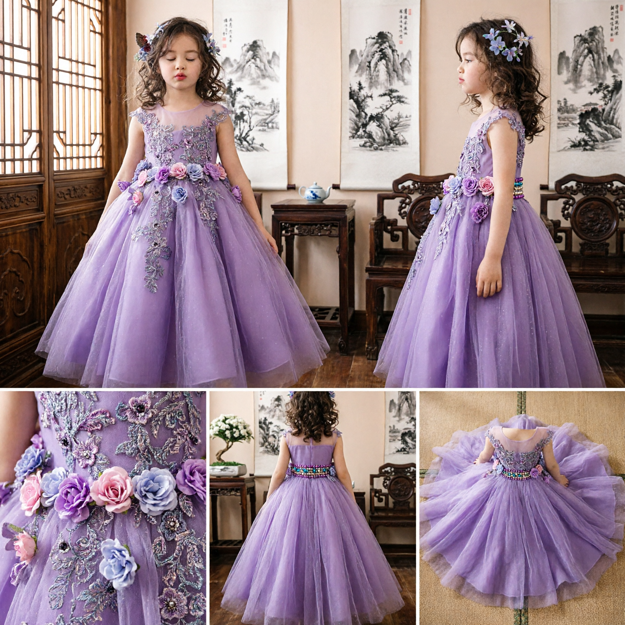 Abito da Damigella Viola, Abito da Ballo Principessa con Applicazioni Floreali 3D per Bambine per Matrimoni, Feste e Concorsi - Asian Costume