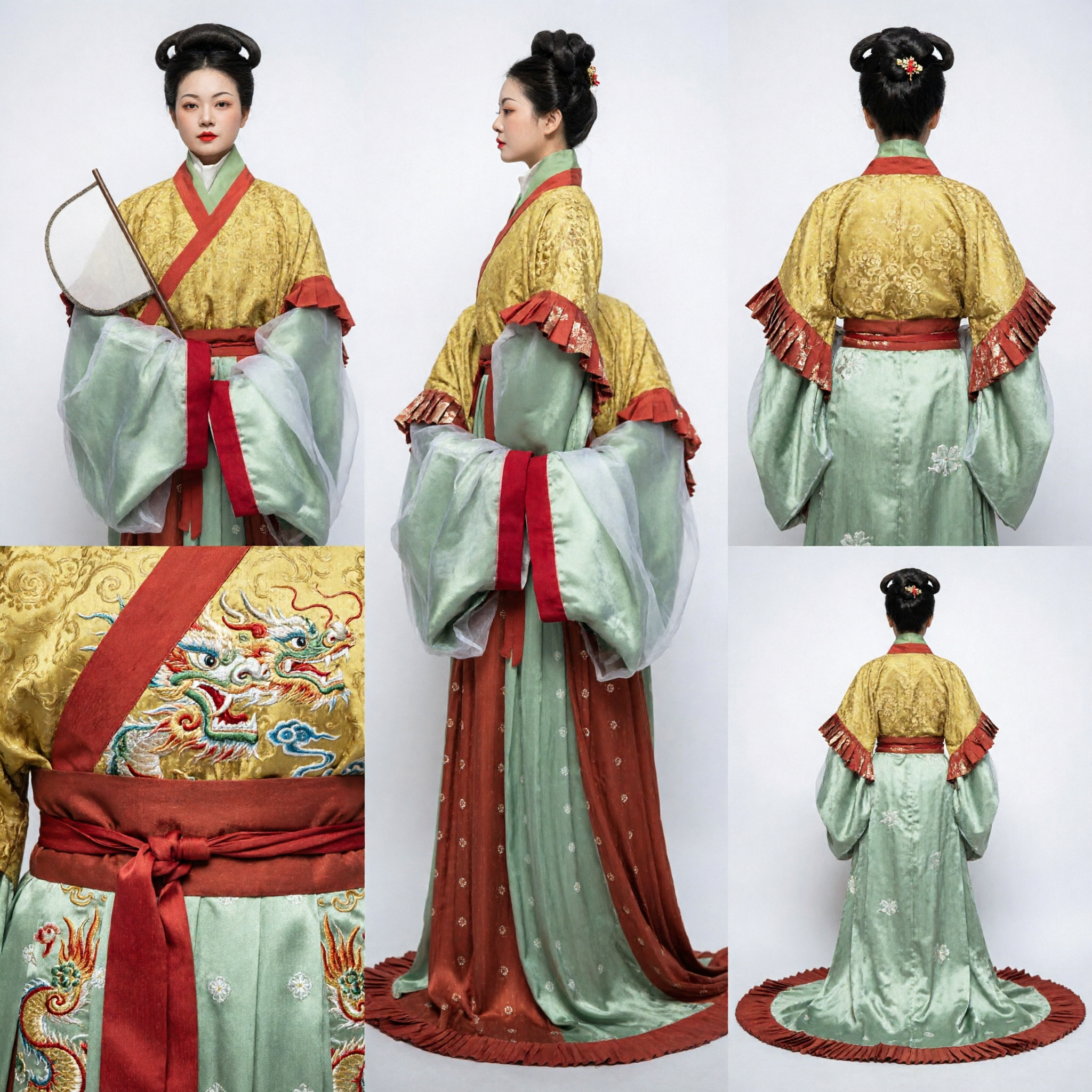 Costume Hanfu traditionnel chinois, dame du palais de l'ancienne dynastie Han, haut jaune et jupe verte pour femmes - Asian Costume