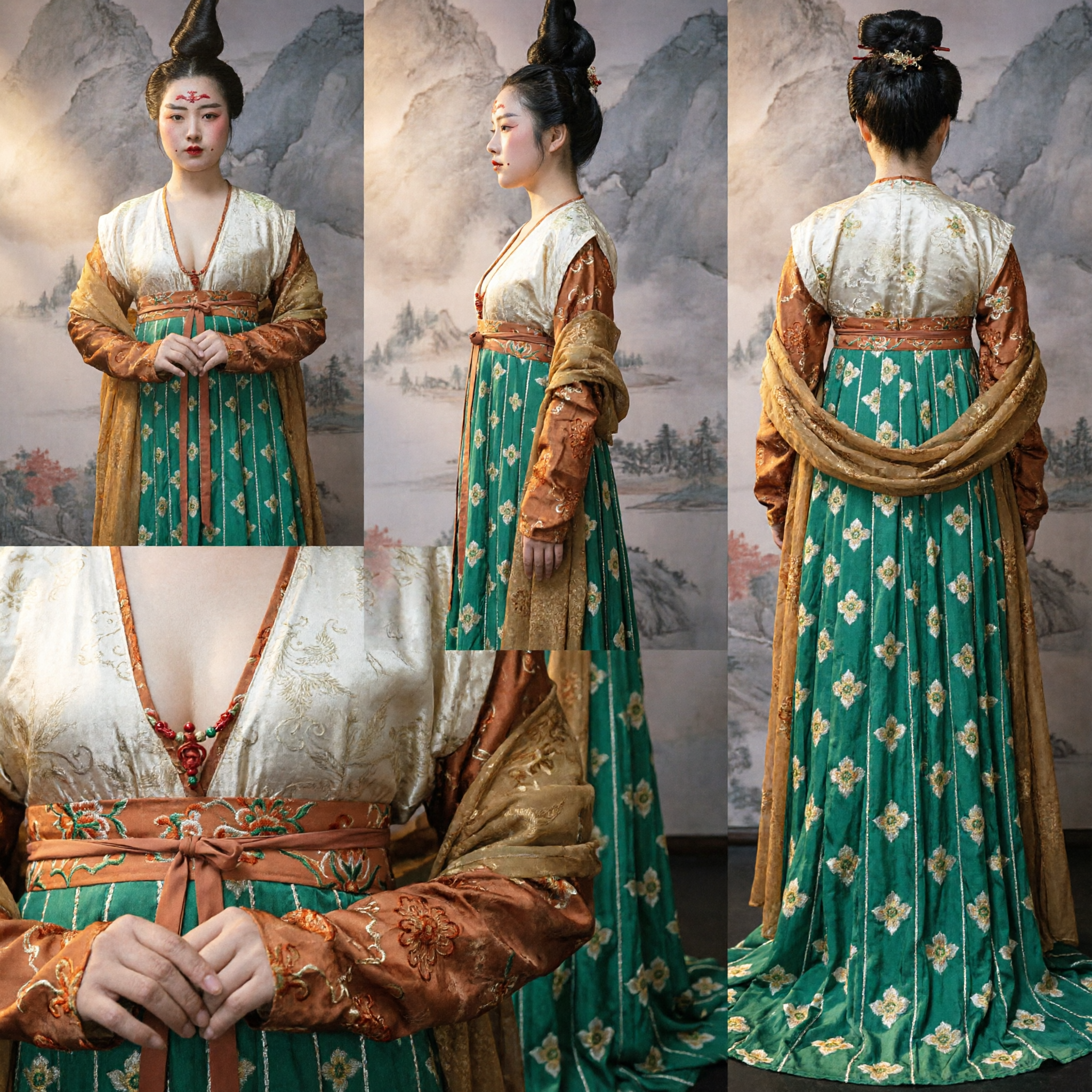 고대 중국 당나라 궁녀 녹색 꽃무늬 유군 한푸 전통 의상 여성용 - Asian Costume
