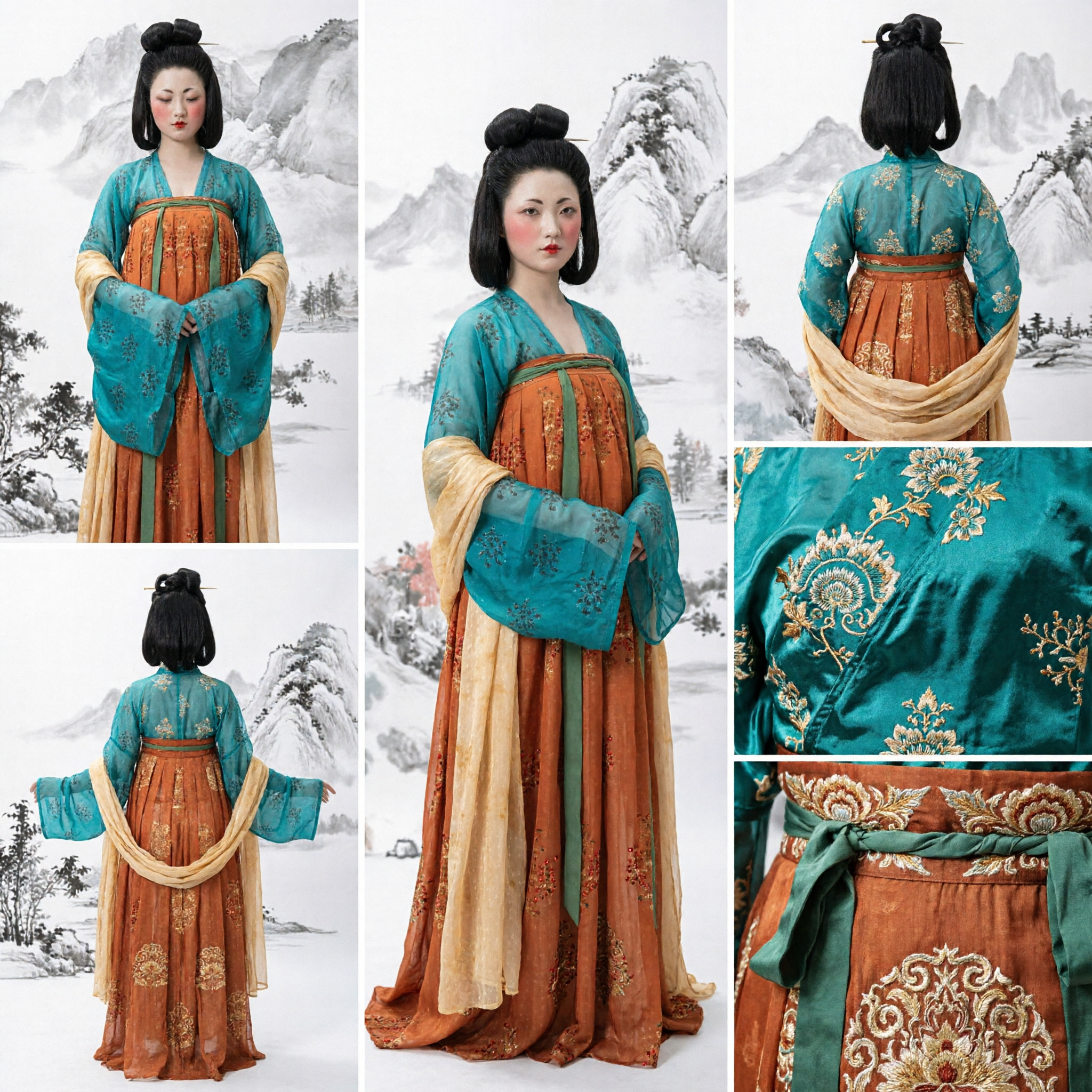 Elegancki Kostium Hanfu z Dynastii Tang, Komplet Ruqun w Kolorze Morsko-Pomarańczowym, Tradycyjne Chińskie Ubranie dla Kobiet na Występy - Asian Costume