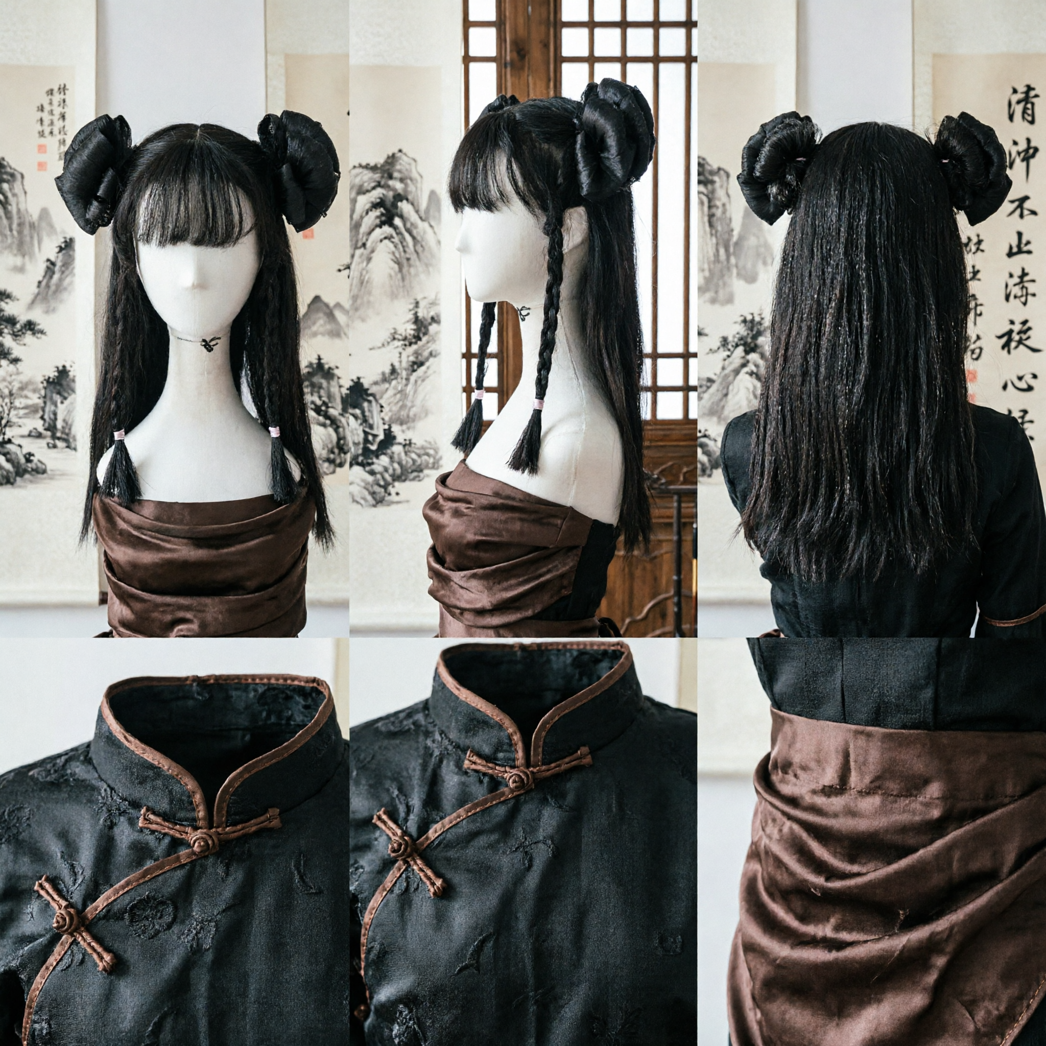 Perruque Hanfu chinoise ancienne, postiche traditionnel à doubles chignons noirs pour cosplay historique et spectacle - Asian Costume