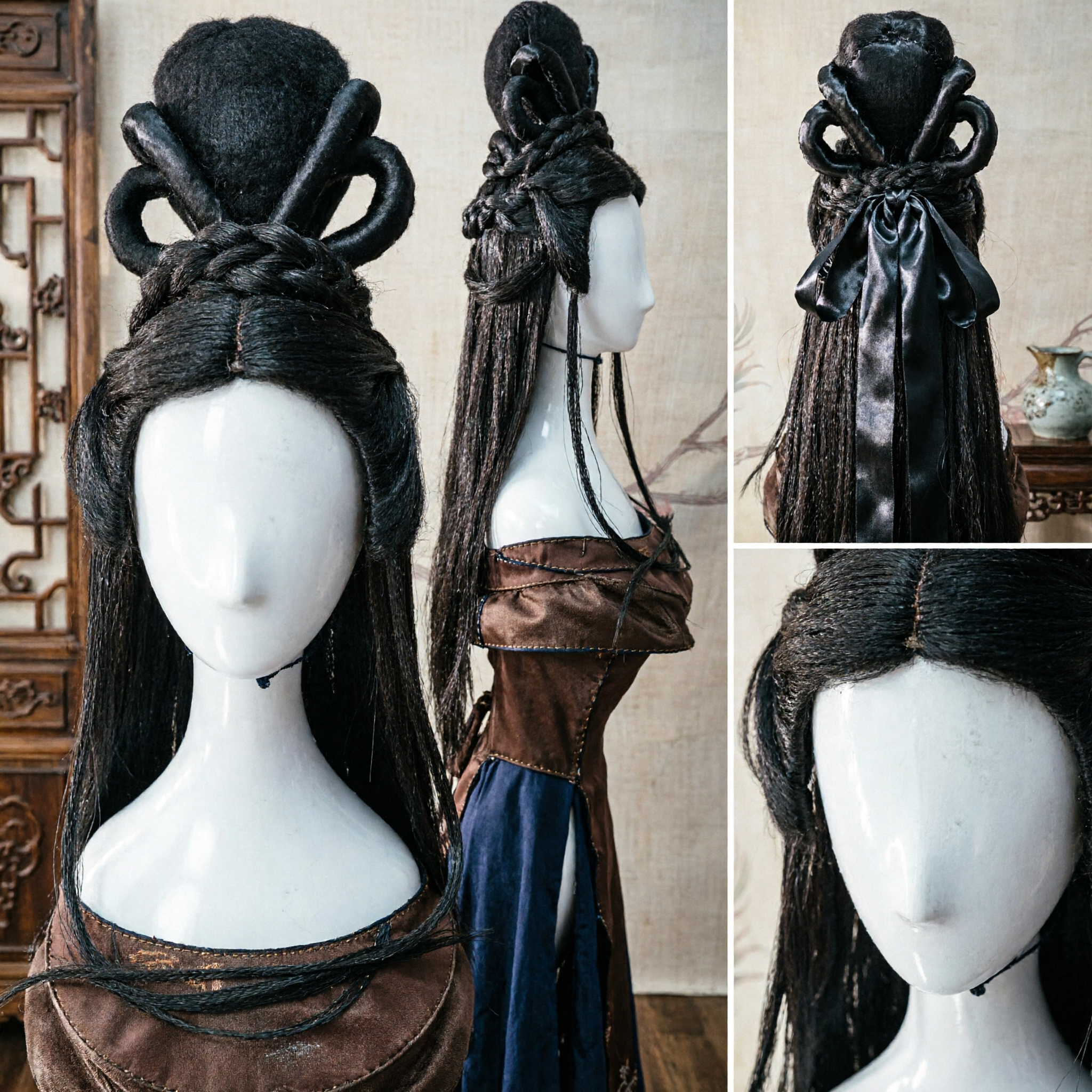 고대 중국 전통 검정 가발 한푸 헤어피스 여성 코스프레 역사 의상 귀부인 공주 스타일 - Asian Costume