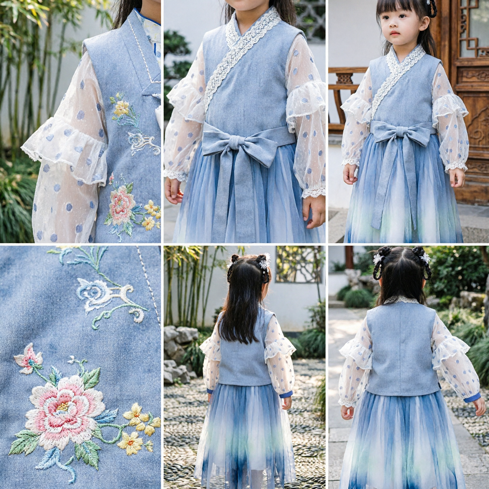 Ensemble de vêtements traditionnels chinois Hanfu pour enfants - Gilet bleu brodé et jupe de tulle, costume ancien pour filles pour festivals - Asian Costume