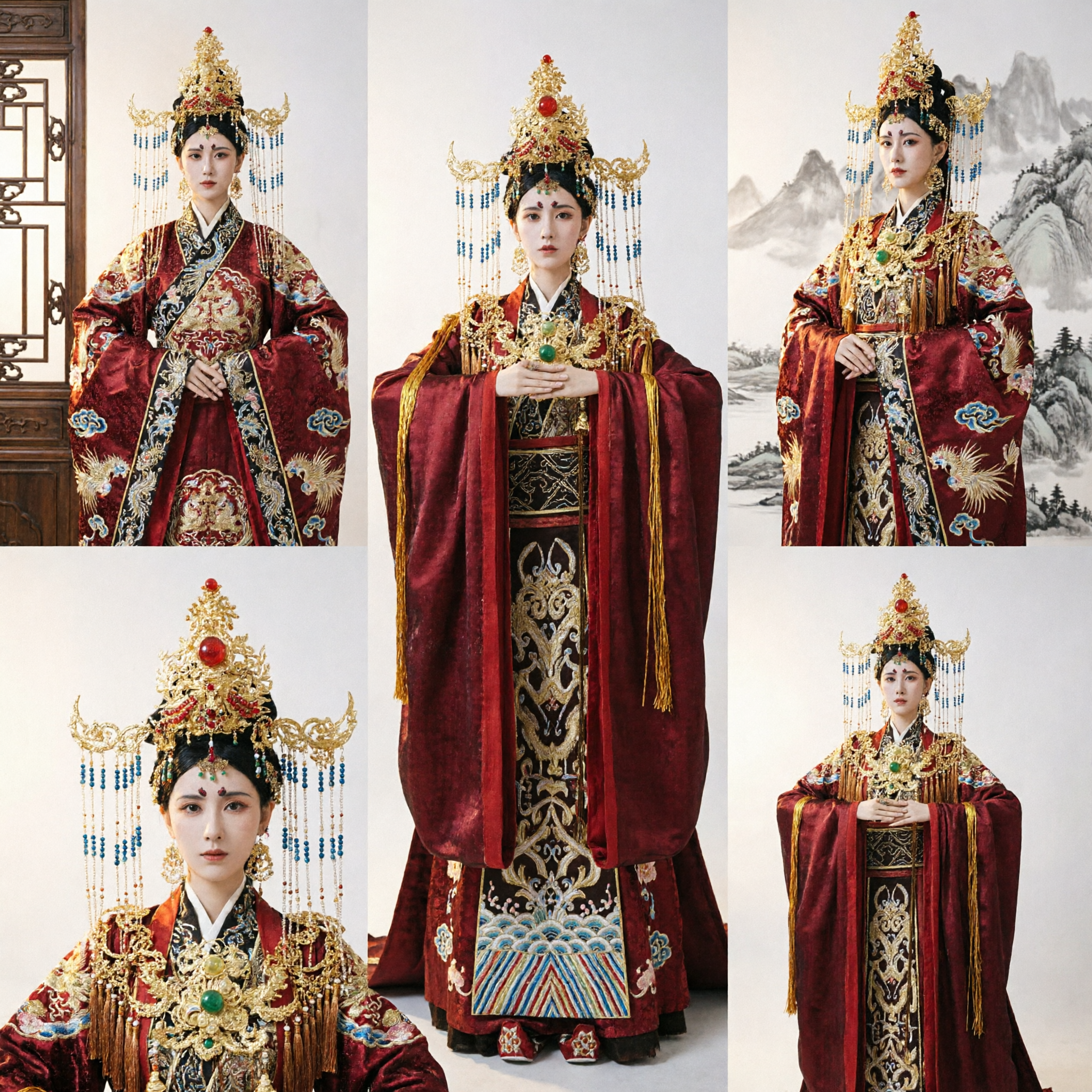 Luxuriöses antikes chinesisches Kaiserinnen-Hanfu-Kostüm, rot besticktes Gewand mit Goldkrone, Hochzeitskleid für Frauen - Asian Costume