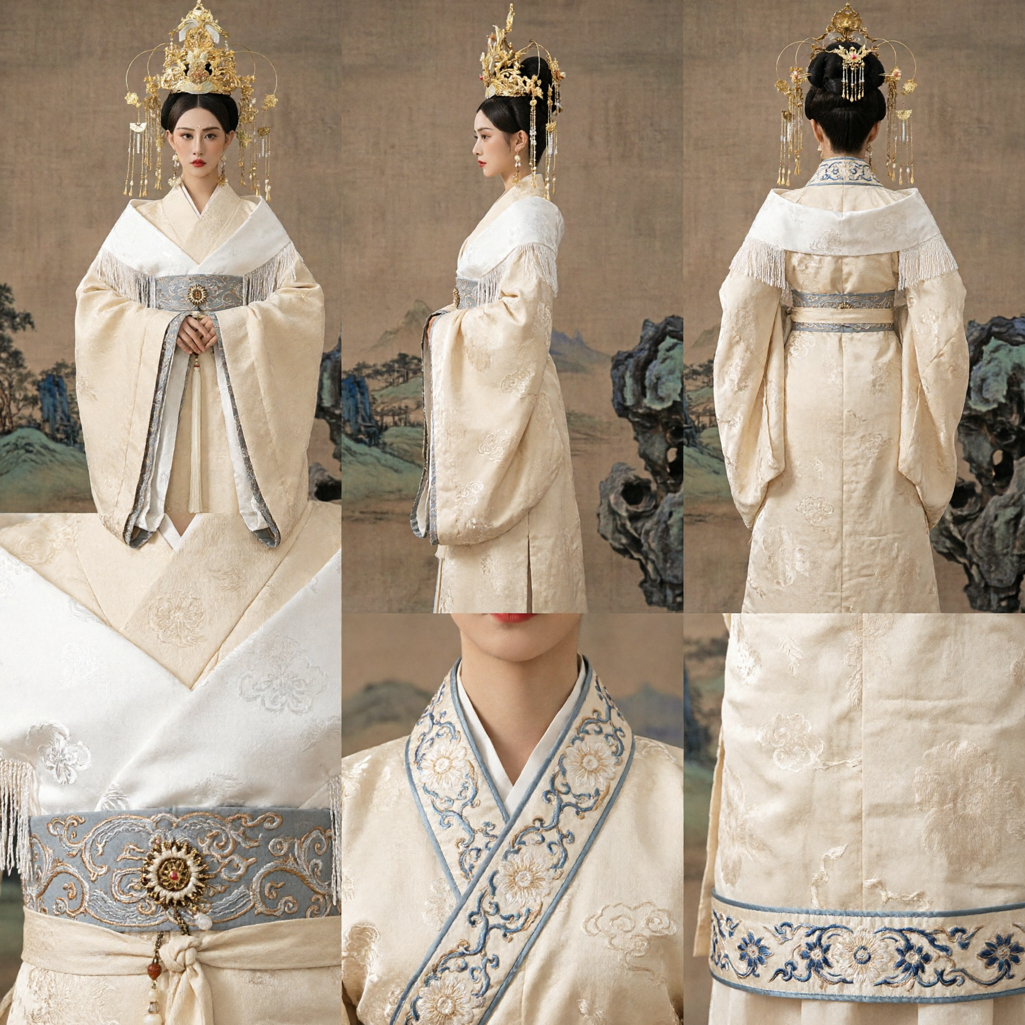 Traje de Imperatriz Imperial Chinesa Antiga Hanfu Vestido Tradicional Branco com Adorno de Cabeça de Coroa Dourada para Mulheres - Asian Costume
