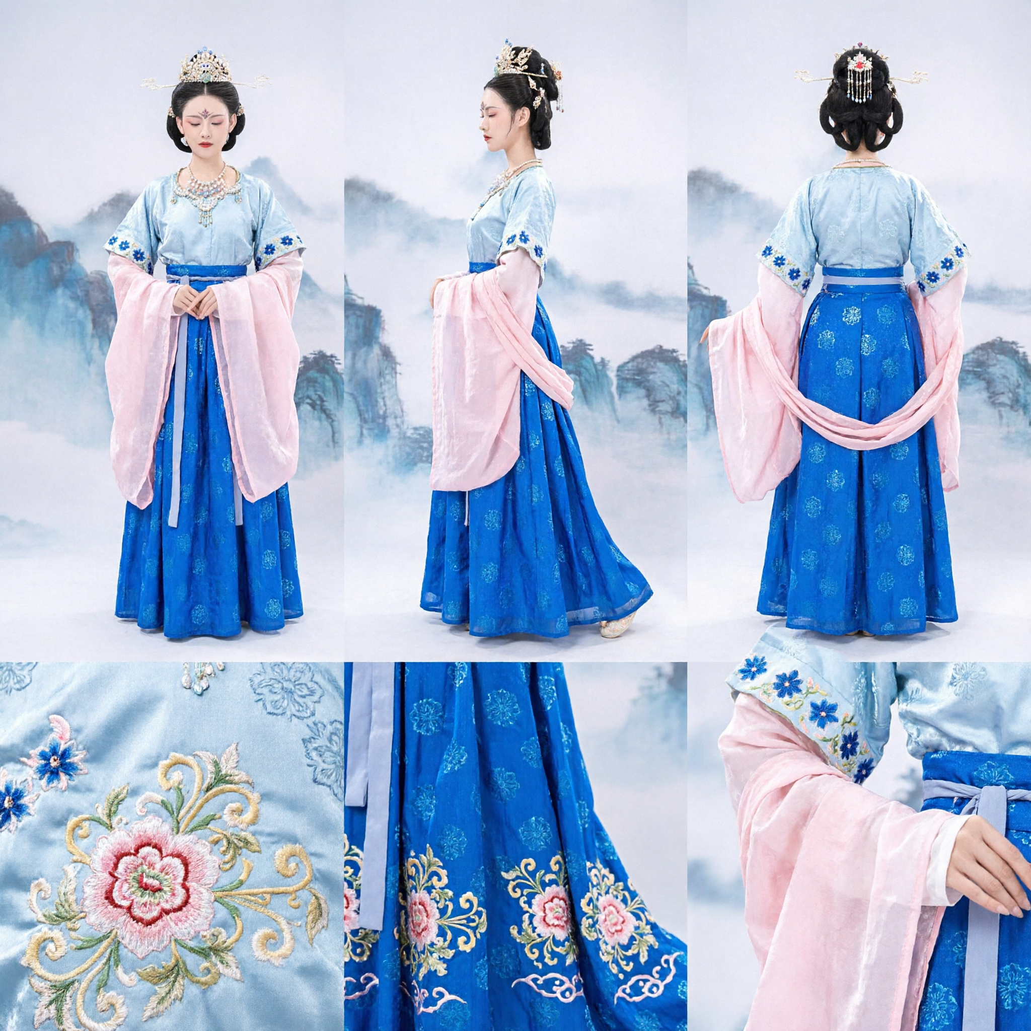 중국 전통 당나라 한푸 의상 파란색 선녀 여신 드레스 여성 코스프레 공연용 - Asian Costume