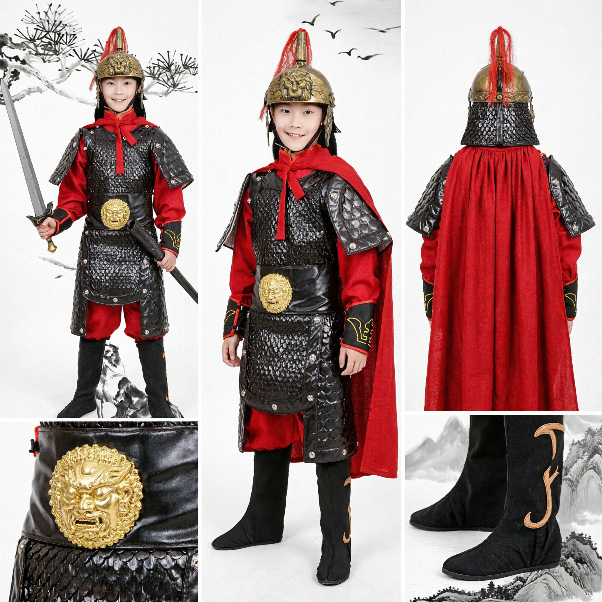 Traje de Armadura de Guerrero General Chino Antiguo para Niños con Capa Roja y Espada para Actuaciones en Escenario - Asian Costume