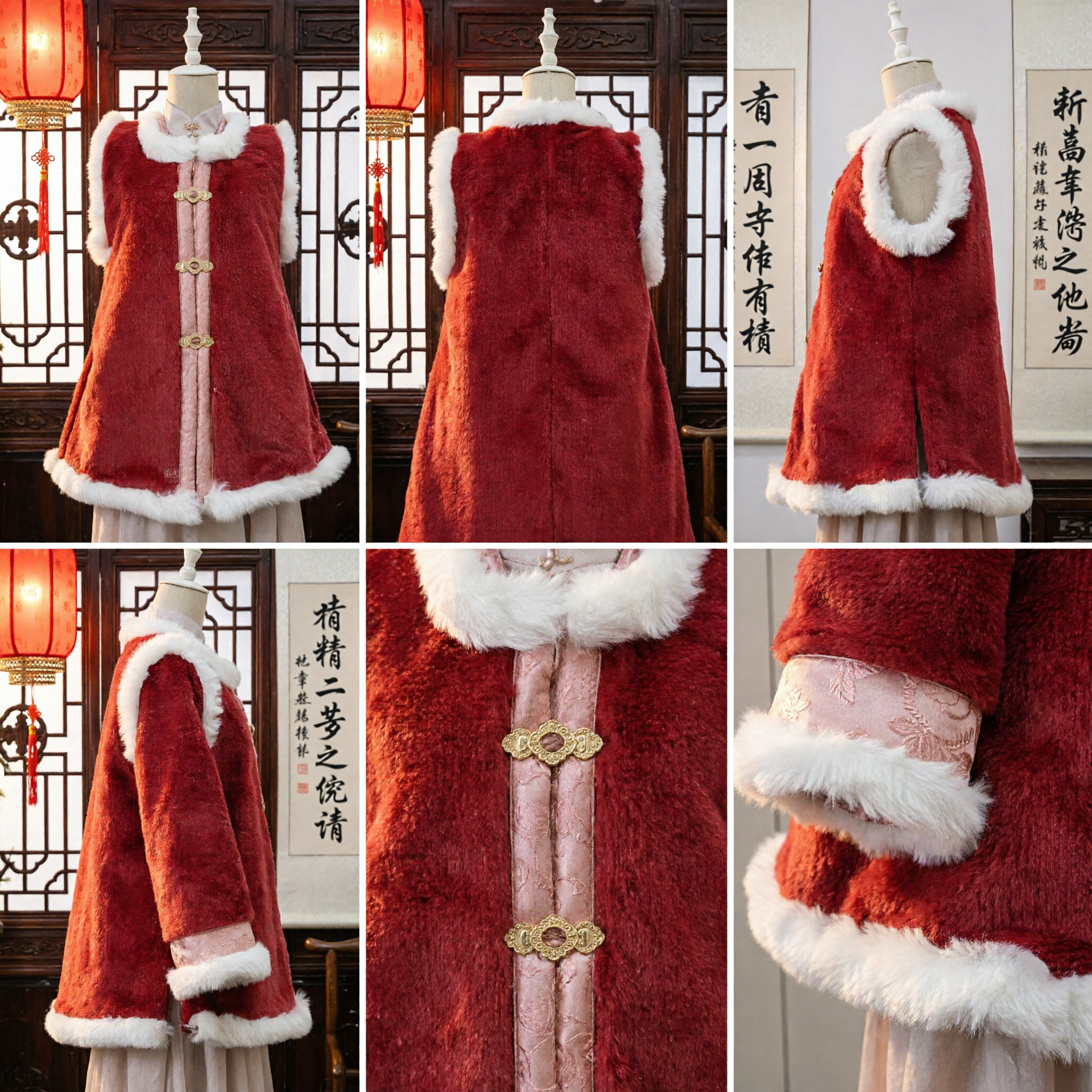 Mantello Invernale Hanfu Tradizionale Cinese Gilet in Pelliccia Rossa con Bordo Bianco per Donne per Matrimoni e Capodanno Lunare - Asian Costume