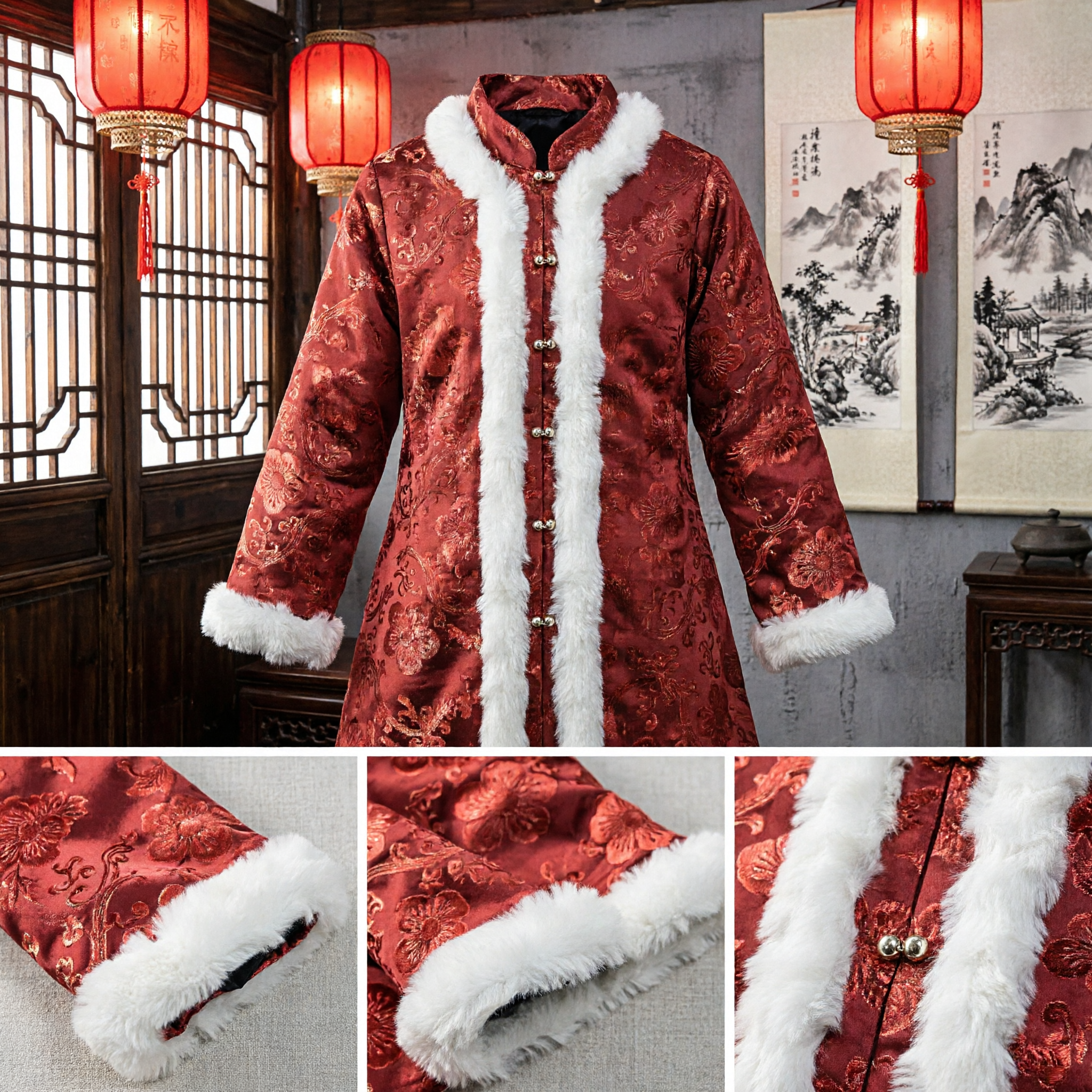 Traditional Chinese Men's Red Brocade Robe with White Fur Trim Winter Wedding Costume - Asian Costume