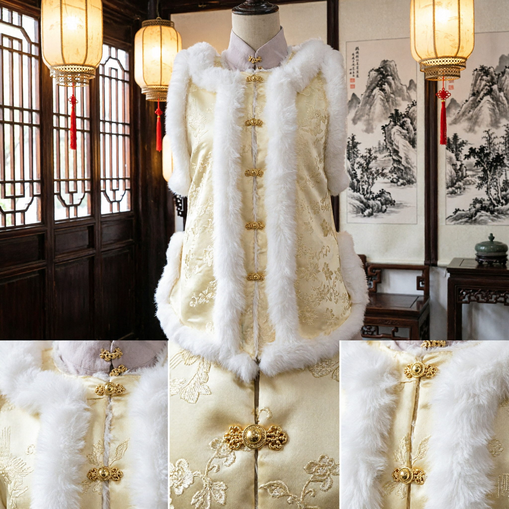 Elegancka tradycyjna żółta futrzana kamizelka dla kobiet, zimowa kamizelka Tang na wesele - Asian Costume