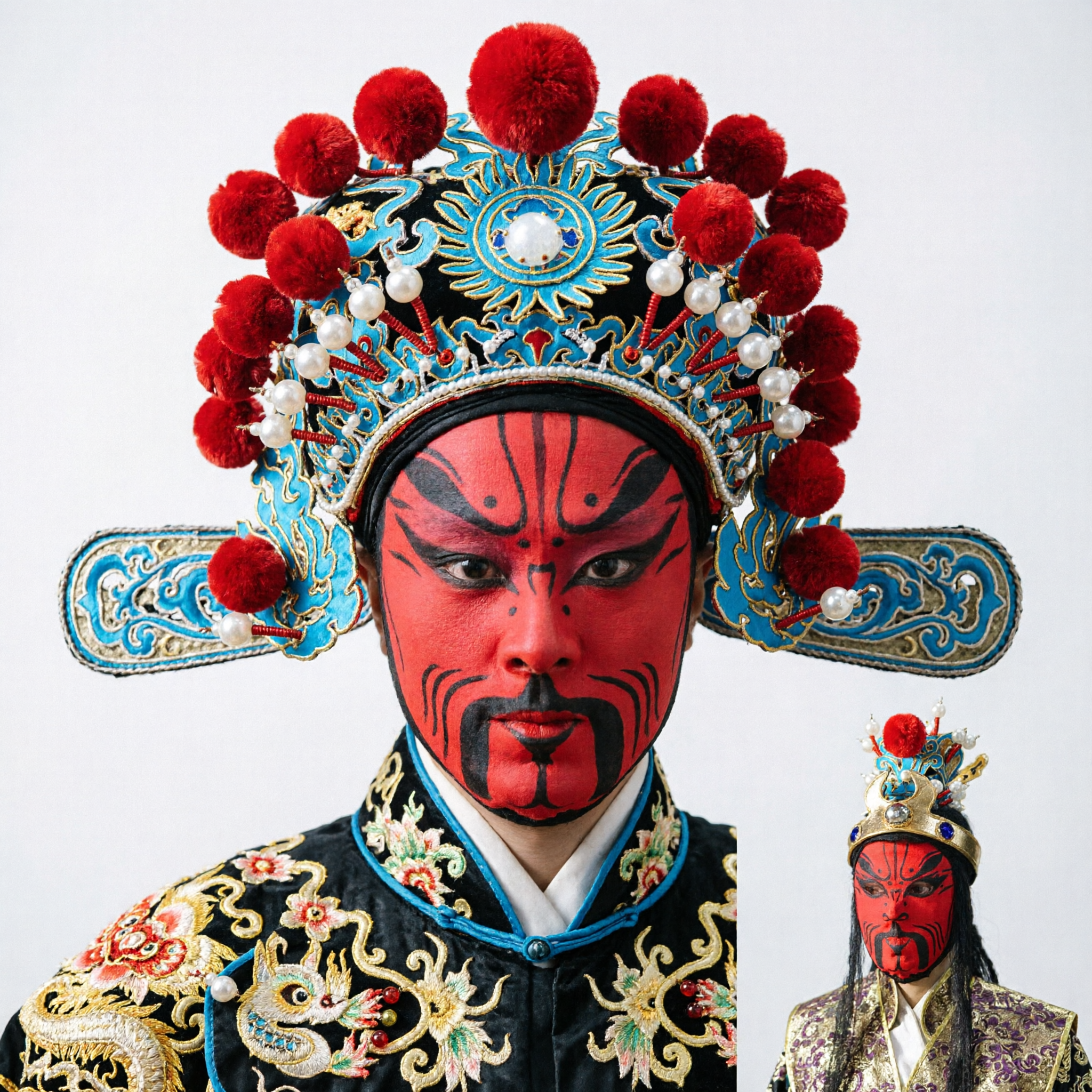 Coiffure d'Opéra de Pékin Chinois Traditionnel avec Pompons Rouges et Broderie d'Or pour Spectacle sur Scène et Cosplay - Asian Costume