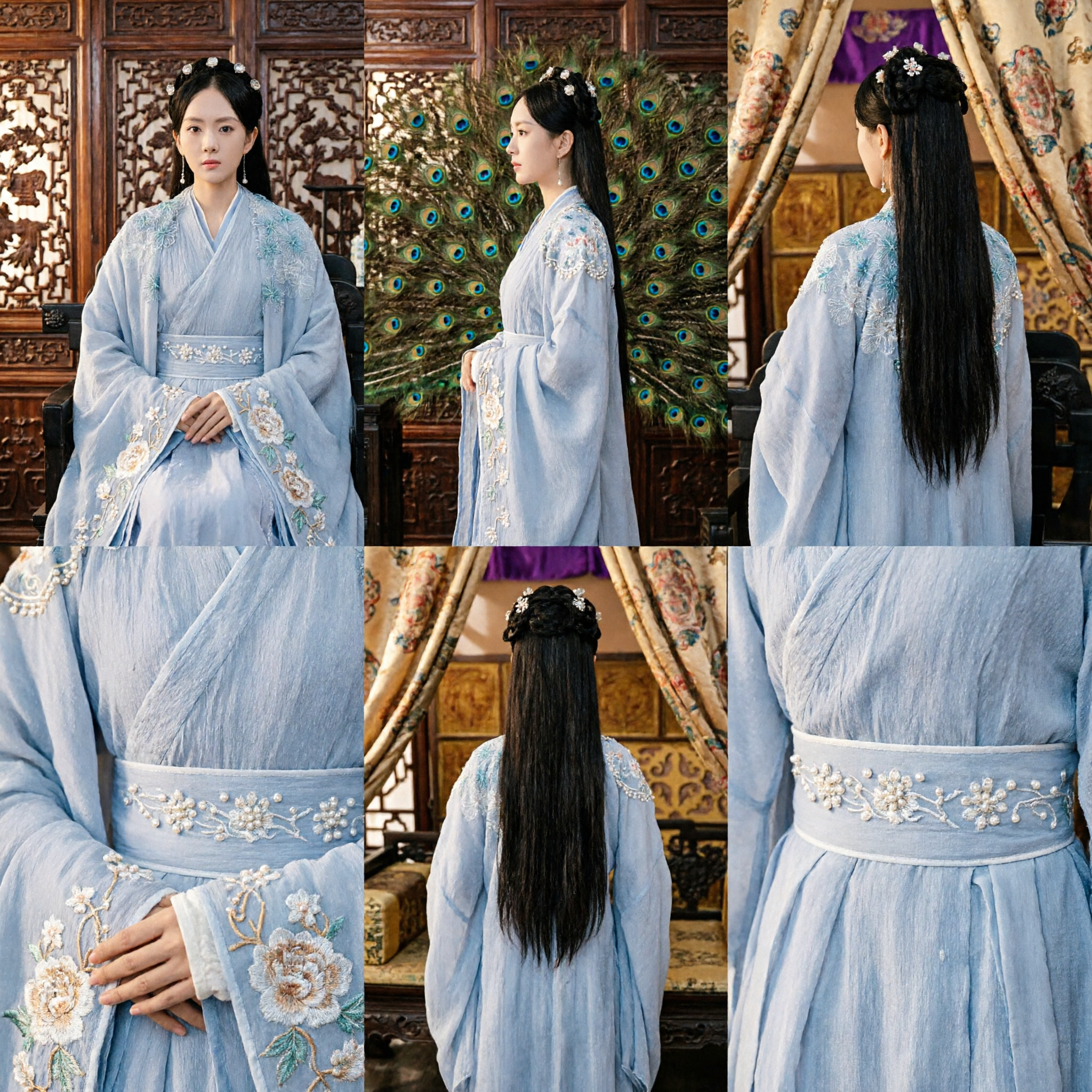 Costume Tradizionale Cinese Hanfu Abito Antico da Dama di Palazzo con Ricami Floreali Blu per Cosplay Femminile - Asian Costume