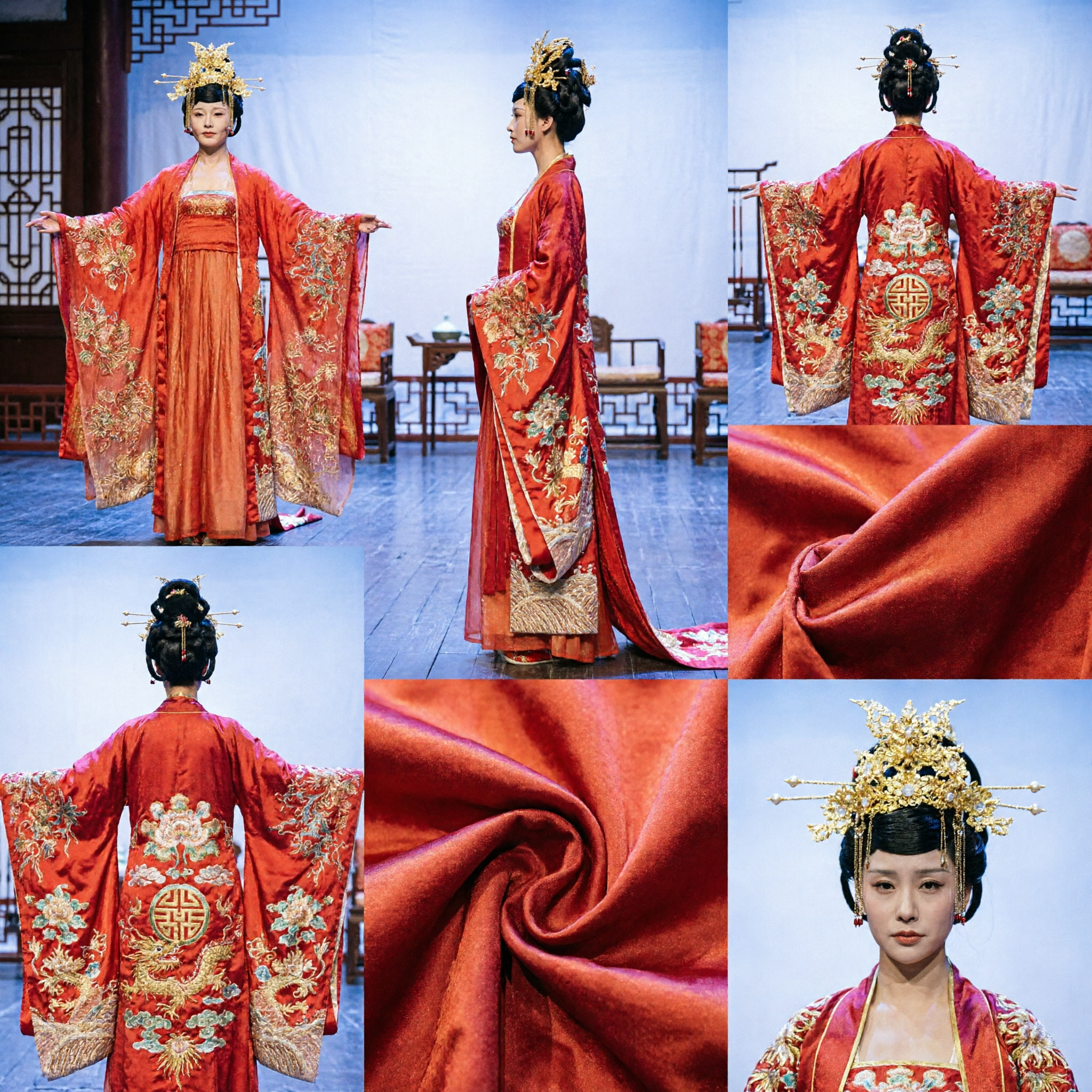 Traje da Imperatriz da Dinastia Tang Chinesa Antiga, Vestido Hanfu Vermelho com Bordado Dourado para Performance no Palco Feminina - Asian Costume