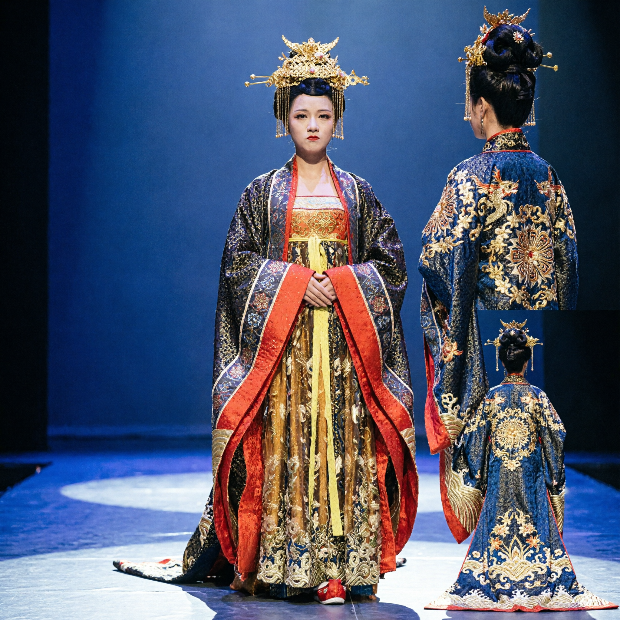Traje Hanfu Tradicional Chinês da Imperatriz da Dinastia Tang, Robe Bordada em Preto e Dourado, Vestido para Performance no Palco Feminina - Asian Costume