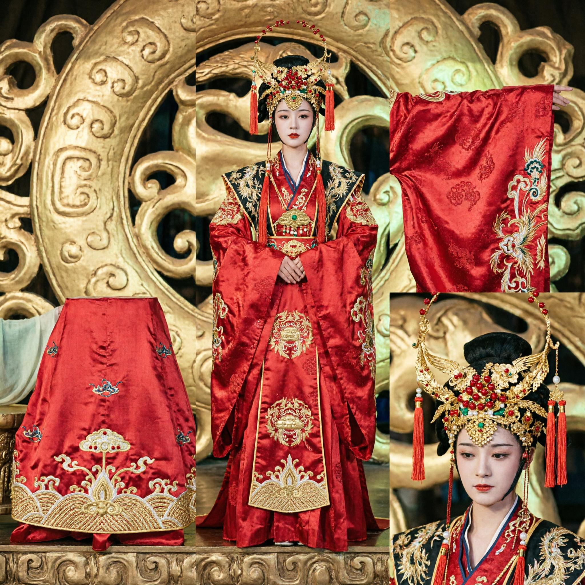 Abito da Sposa Tradizionale Cinese, Gonna Qun Kwa Ricamata con Drago e Fenice Rossa per Cerimonie Nuziali Antiche - Asian Costume