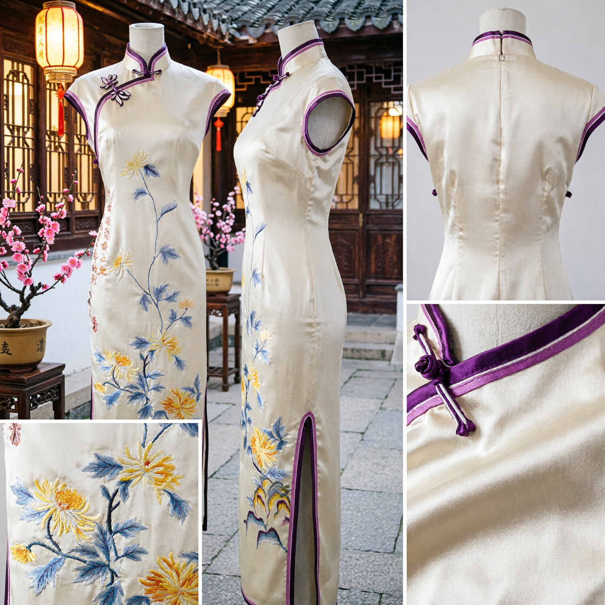 Cheongsam en soie crème élégant avec broderie florale - Robe Qipao traditionnelle chinoise pour femmes pour mariage et fête - Asian Costume