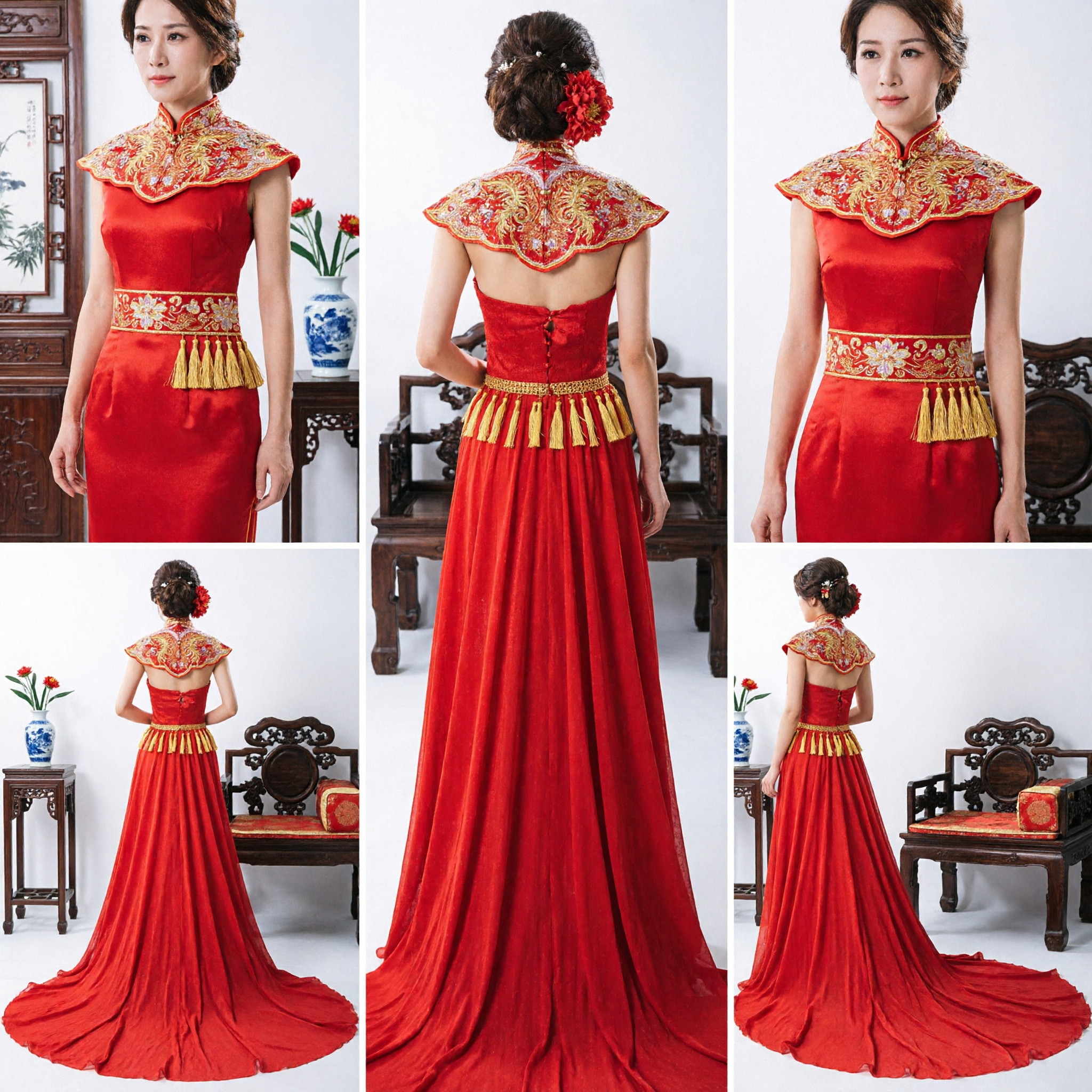 Elegant Traditional Chinese Red Wedding Toast Dress for Bride Long Train Evening Gown with Gold Embroidery - Asian Costume