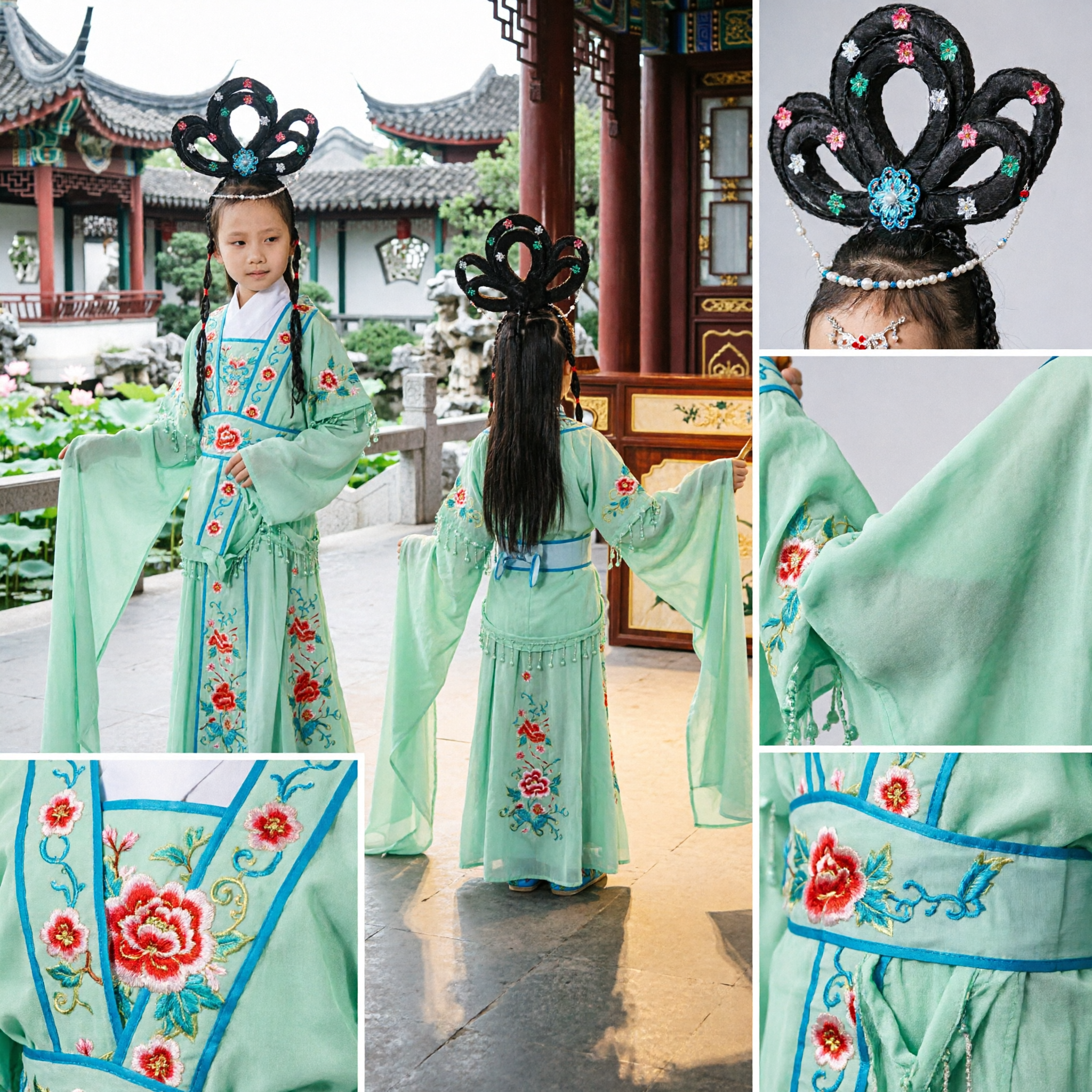Traje Hanfu Tradicional Chinês Verde para Crianças Meninas Conjunto de Dança de Fada Antiga com Adorno de Cabeça - Asian Costume