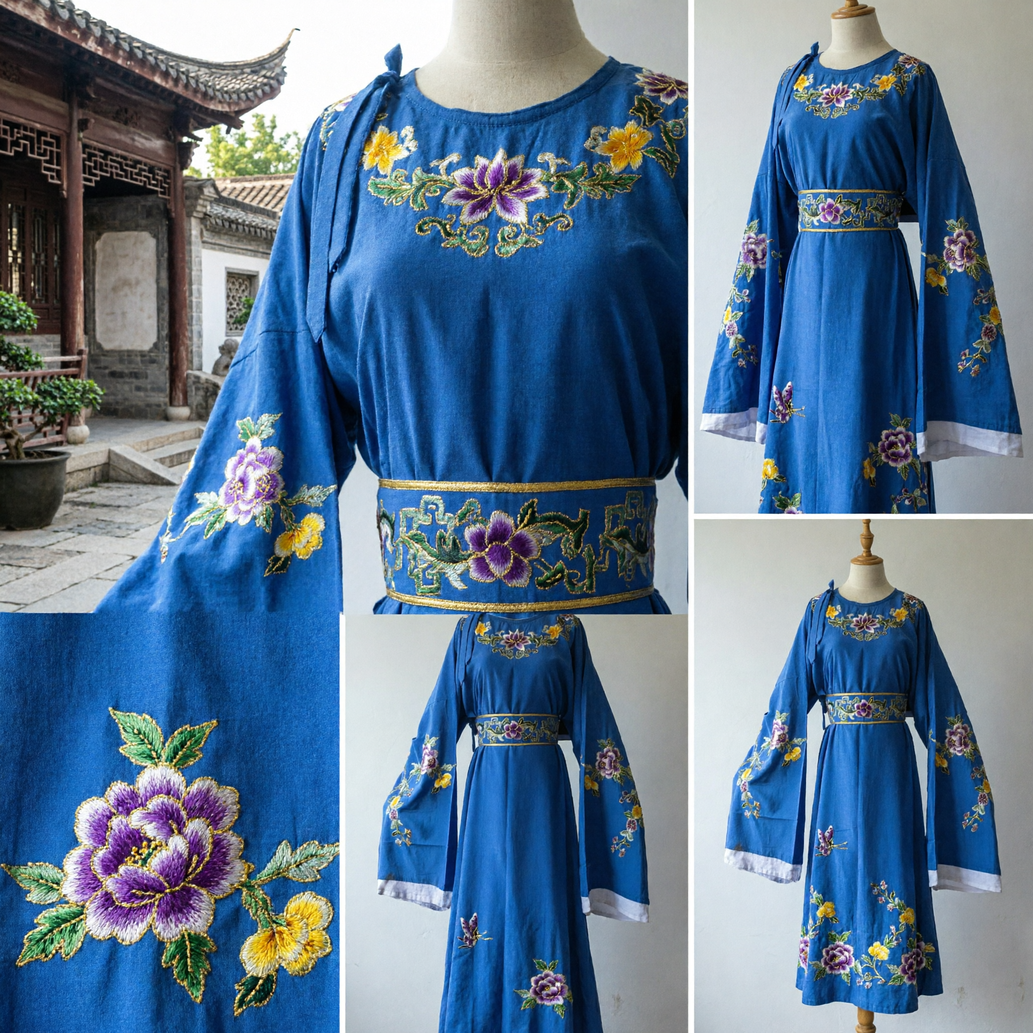 Vestido Hanfu Tradicional Chinês Azul Real com Bordado Floral e Mangas Largas para Mulheres Traje Antigo - Asian Costume