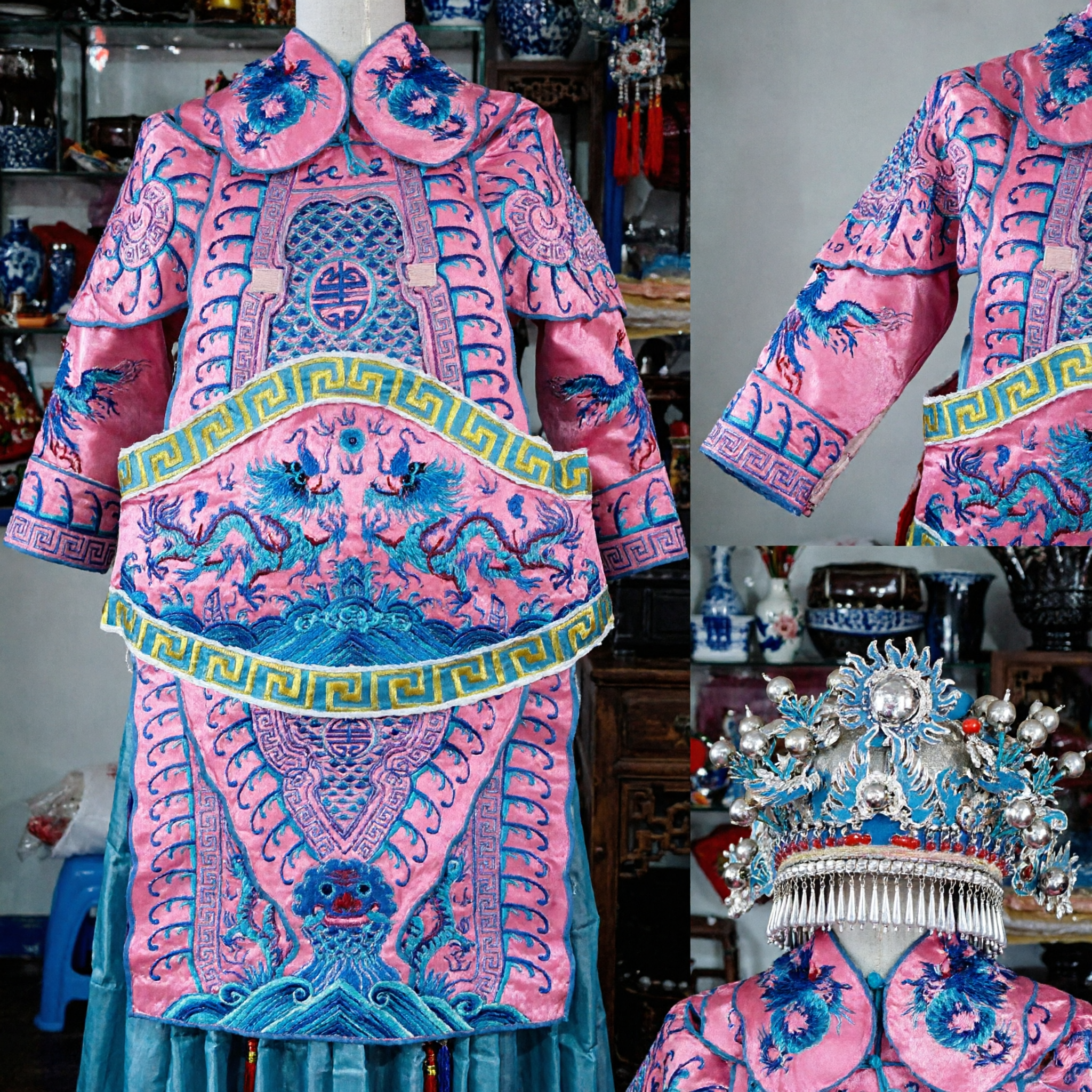 전통 베이징 오페라 의상 분홍색 자수 용 로브와 머리장식 세트 무대 공연용 - Asian Costume