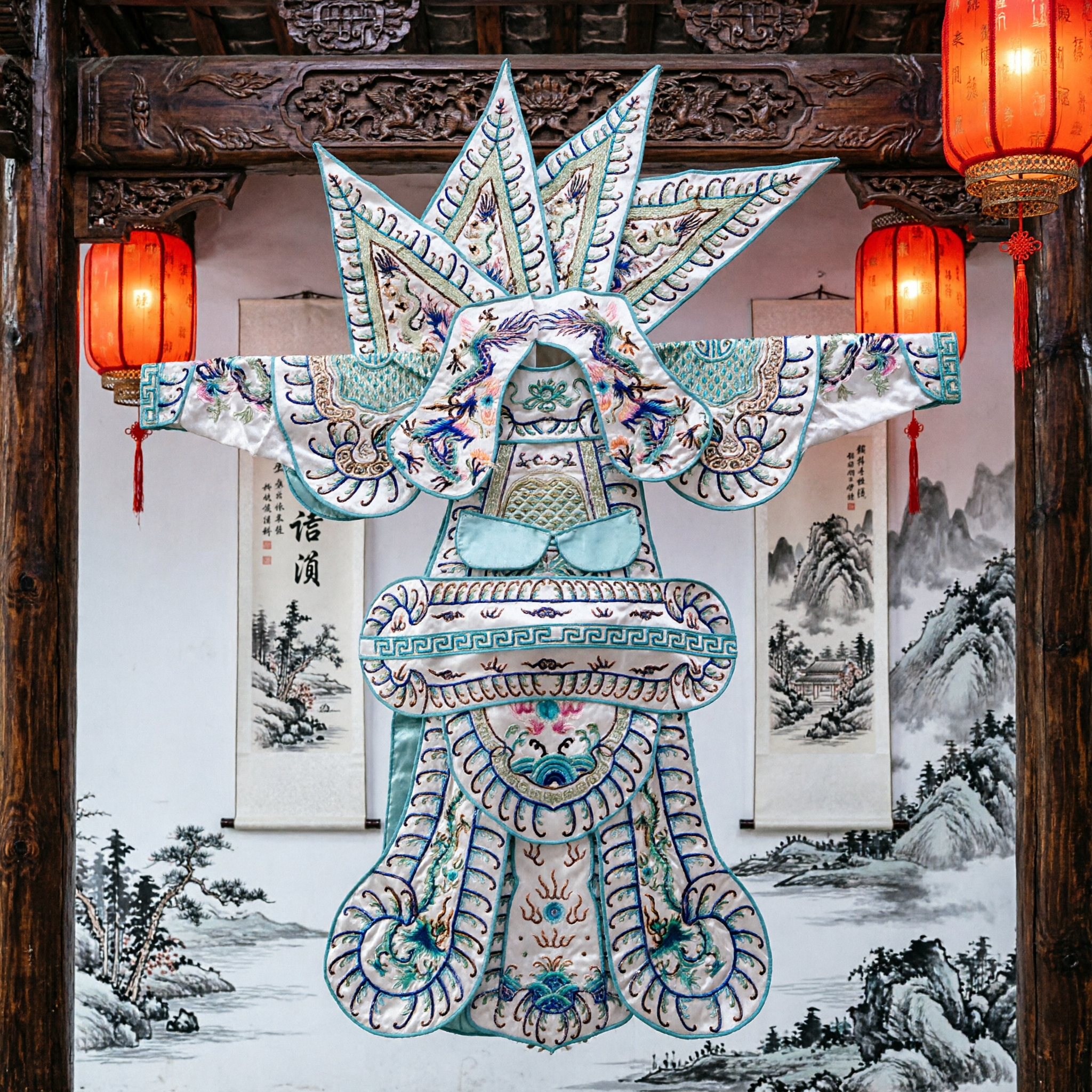 Traditionelle chinesische Peking-Oper-General weiße Kao-Rüstung mit Fahnen besticktes Bühnenkostüm - Asian Costume