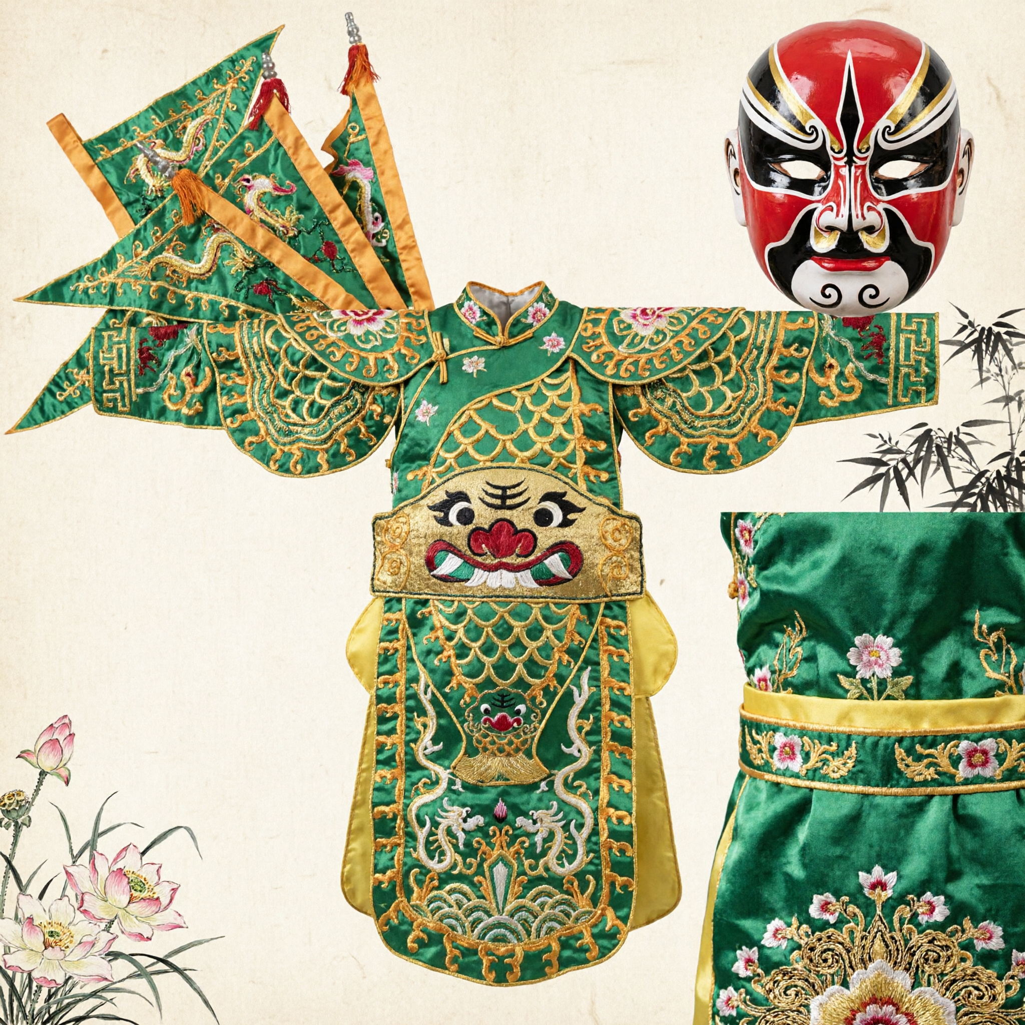 Traditionelles chinesisches Opernkostüm grüne Drachen-General-Rüstung Rückenflaggen und Schürze Set für Bühnenauftritt - Asian Costume