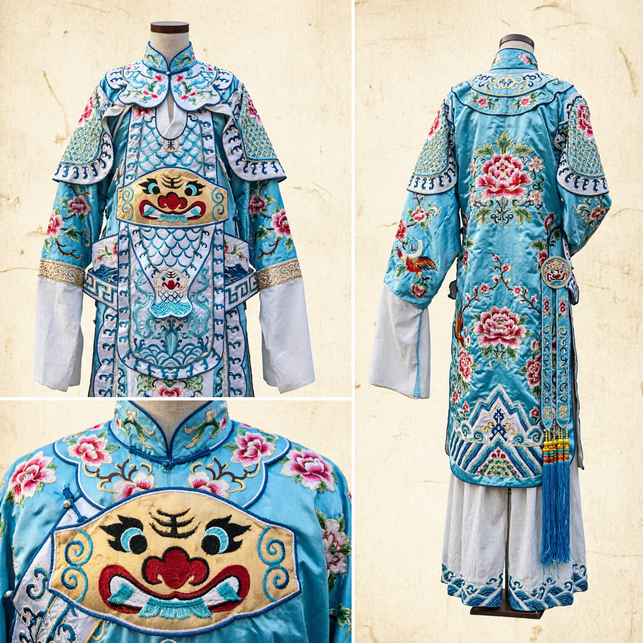 Traditionelles weiß-blaues Peking-Oper-General-Rüstungskostüm Set mit Drachenstickerei für Kinderaufführung - Asian Costume