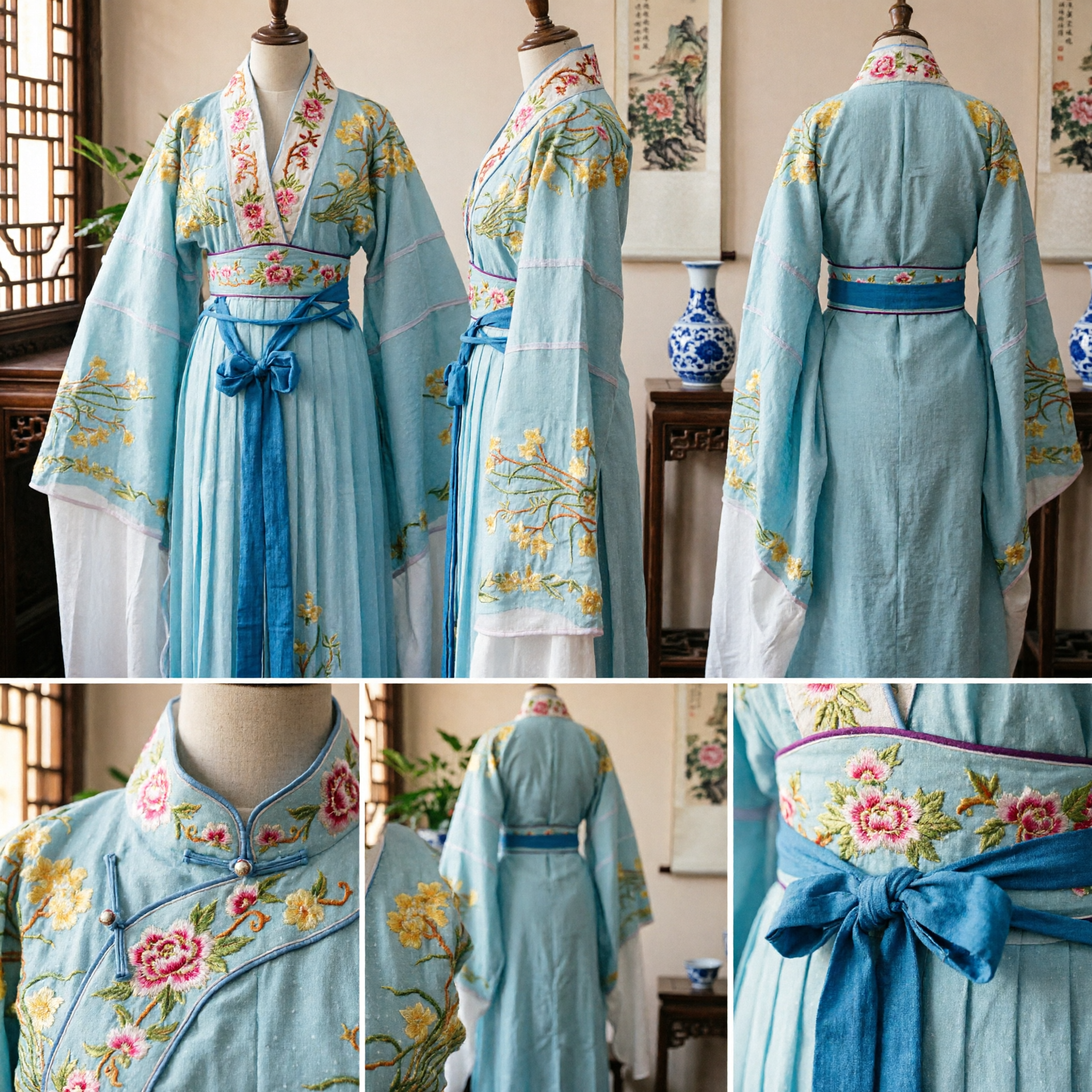 Elegant Lichtblauwe Chinese Hanfu Traditioneel Oud Kostuum met Bloemenborduurwerk voor Vrouwen Cosplay Optreden - Asian Costume