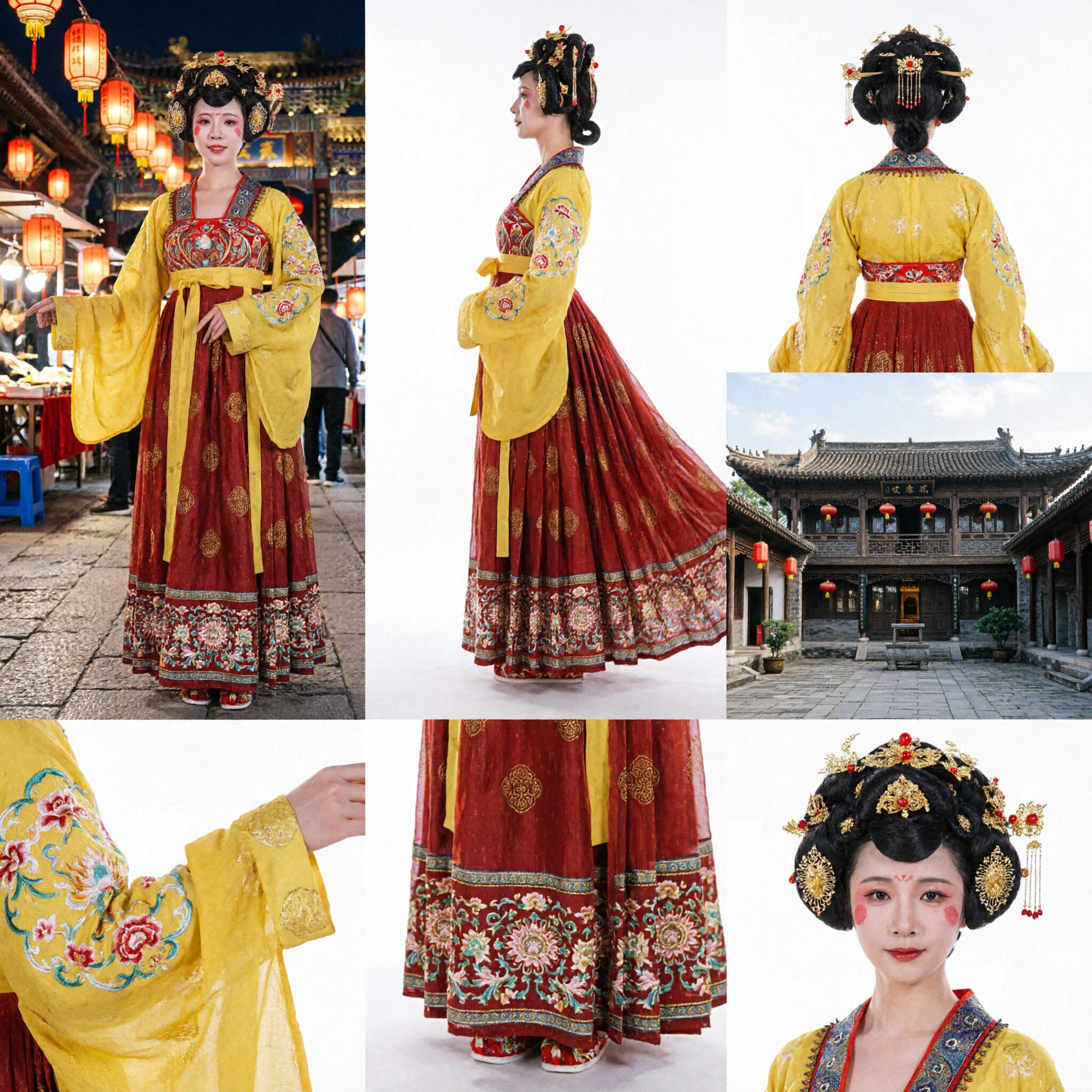 Traje Hanfu de Dama de Palacio de la Dinastía Tang China Tradicional Vestido Antiguo de Danza Amarillo y Rojo para Mujeres - Asian Costume