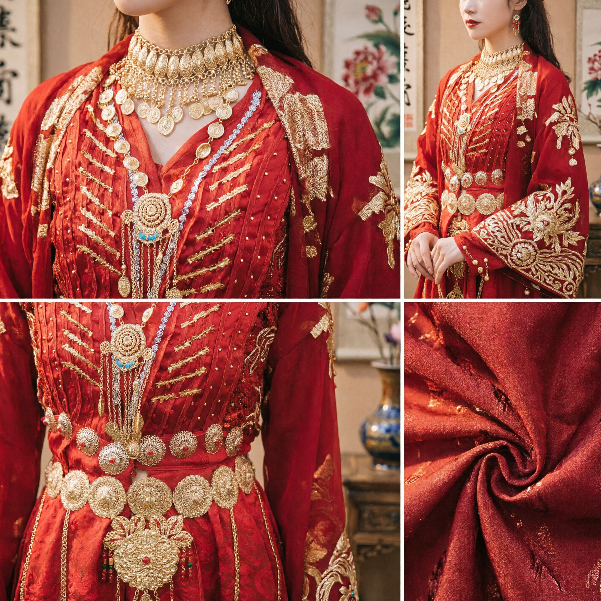 Costume da Principessa di Minoranza Etnica Cinese Antica Rossa con Set di Gioielli Dorati per Donne, Fotografia e Spettacoli - Asian Costume