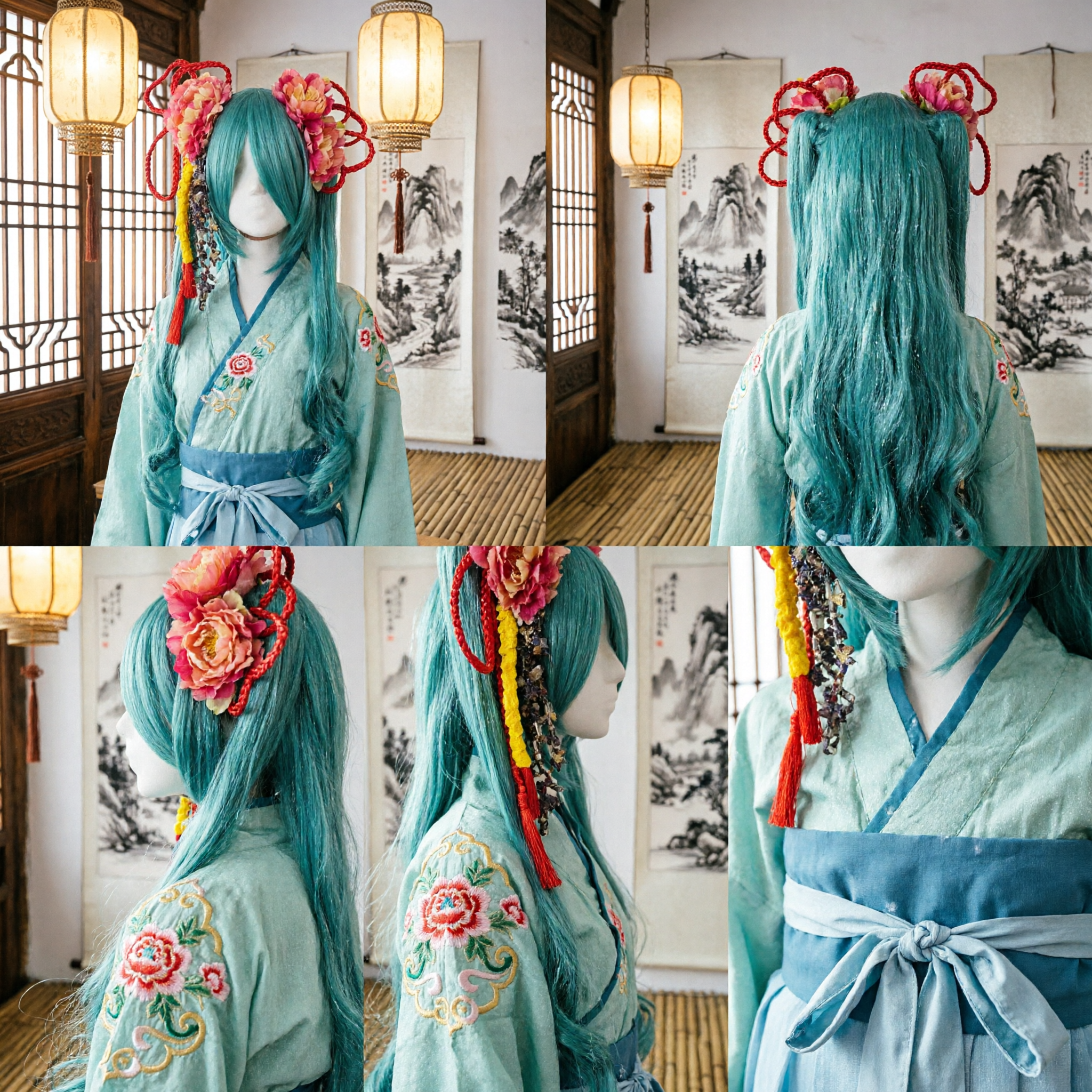 Parrucca Lunga Liscia Verde Acqua con Copricapo Floreale Tradizionale Cinese e Cordini Intrecciati Rossi per Cosplay Hanfu - Asian Costume
