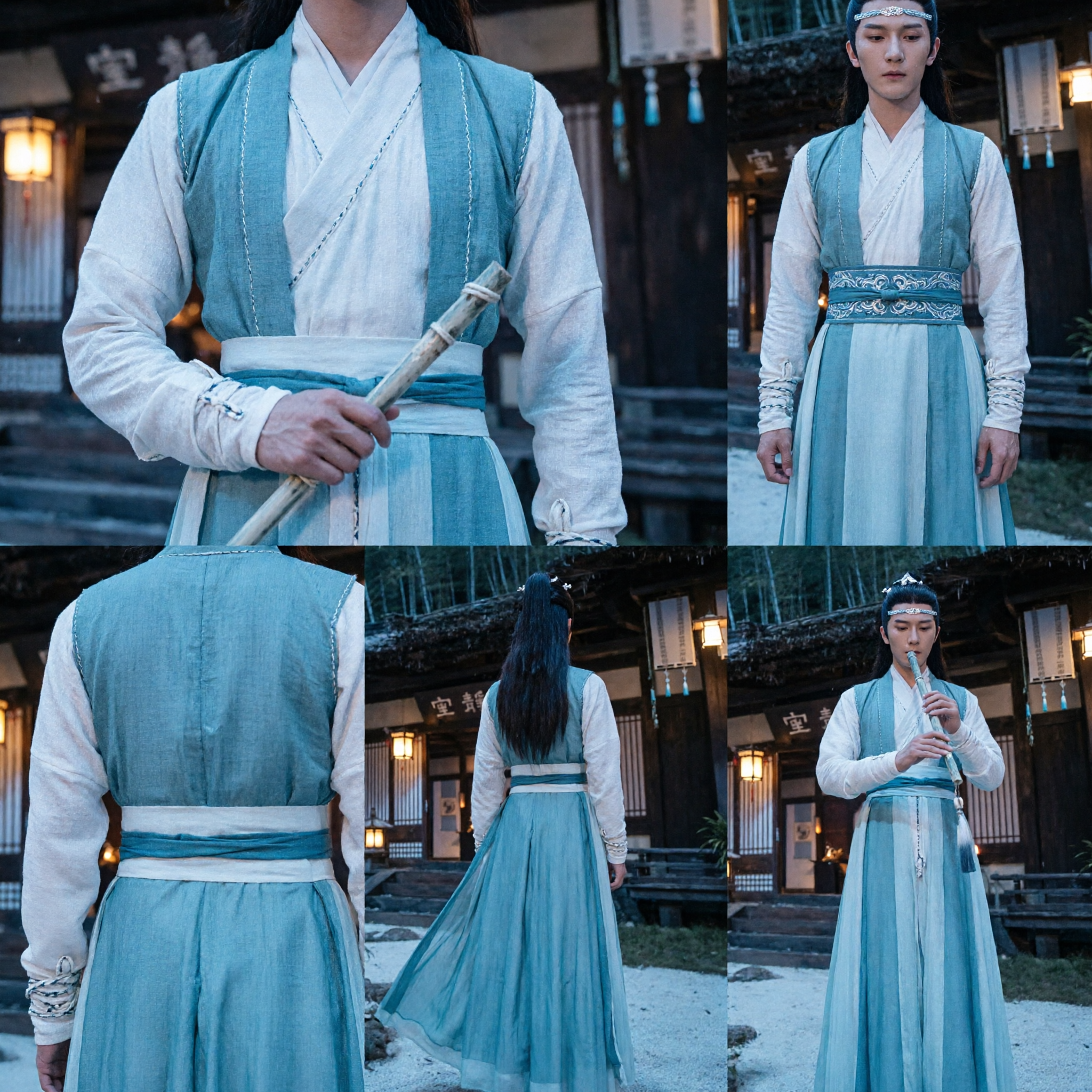 Robe de lettré Hanfu traditionnel chinoise bleue et blanche pour hommes, costume d'épéiste Wuxia pour cosplay - Asian Costume