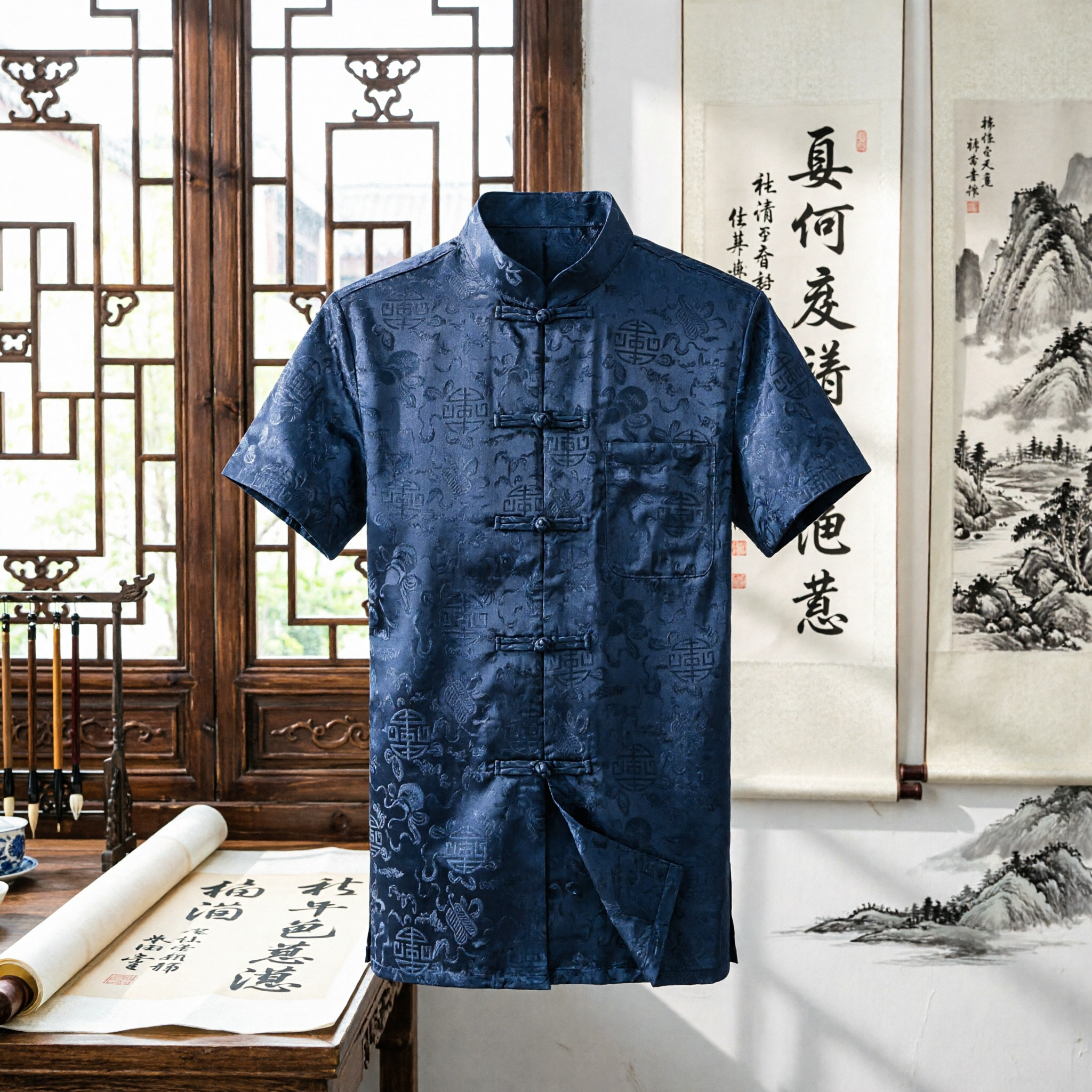 Costume Tang traditionnel chinois en soie bleu marine pour hommes - Chemise à manches courtes à col mandarin - Pour mariage et fête - Asian Costume
