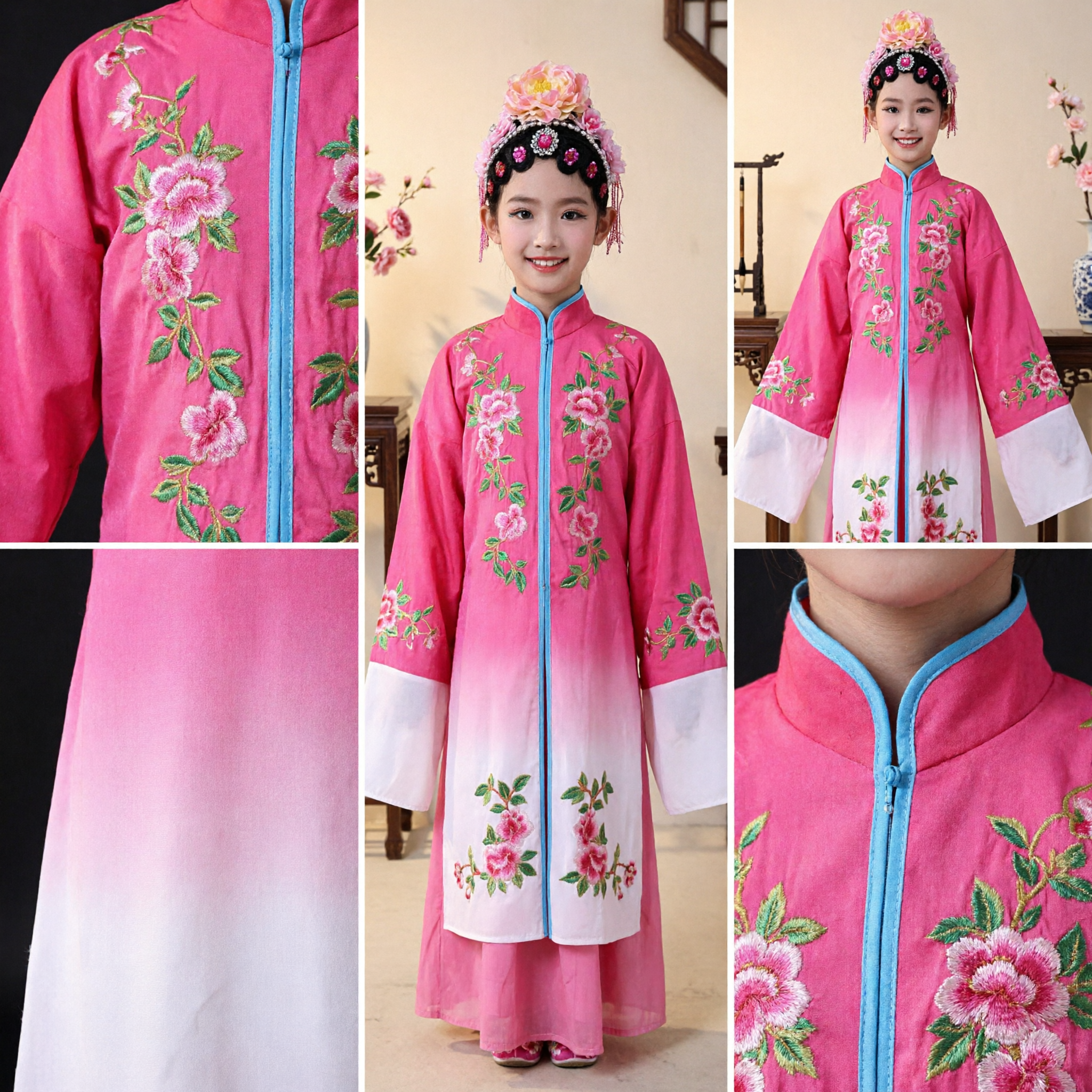 Costume d'opéra chinois traditionnel pour enfants filles - Robe de danse et de spectacle scénique rose à broderie florale - Asian Costume
